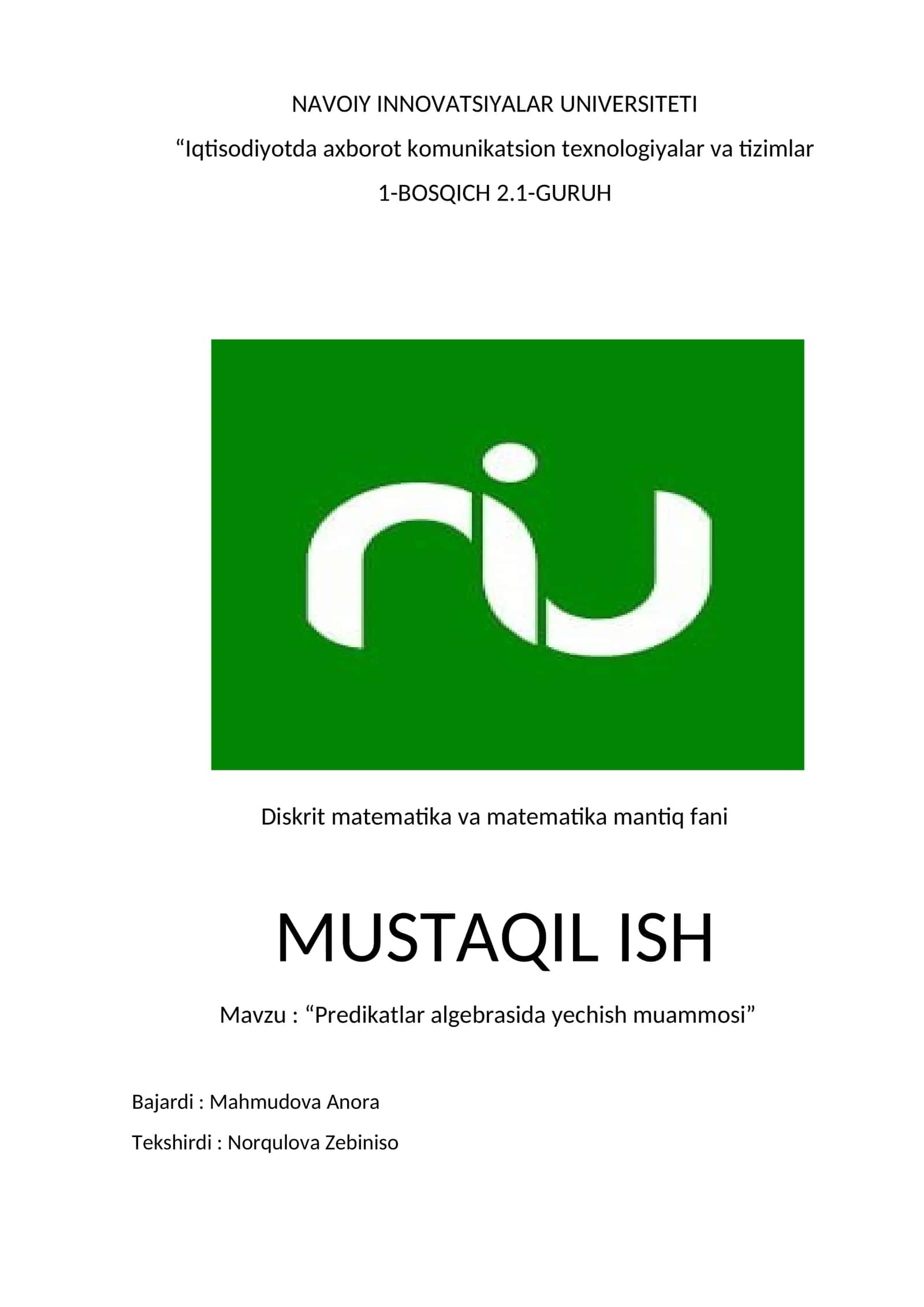 Predikatlar algebrasida yechish muammosi 1