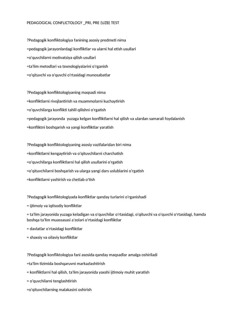 PEDAGOGICAL CONFLICTOLOGY _PRI, PRE (UZB) TEST 1