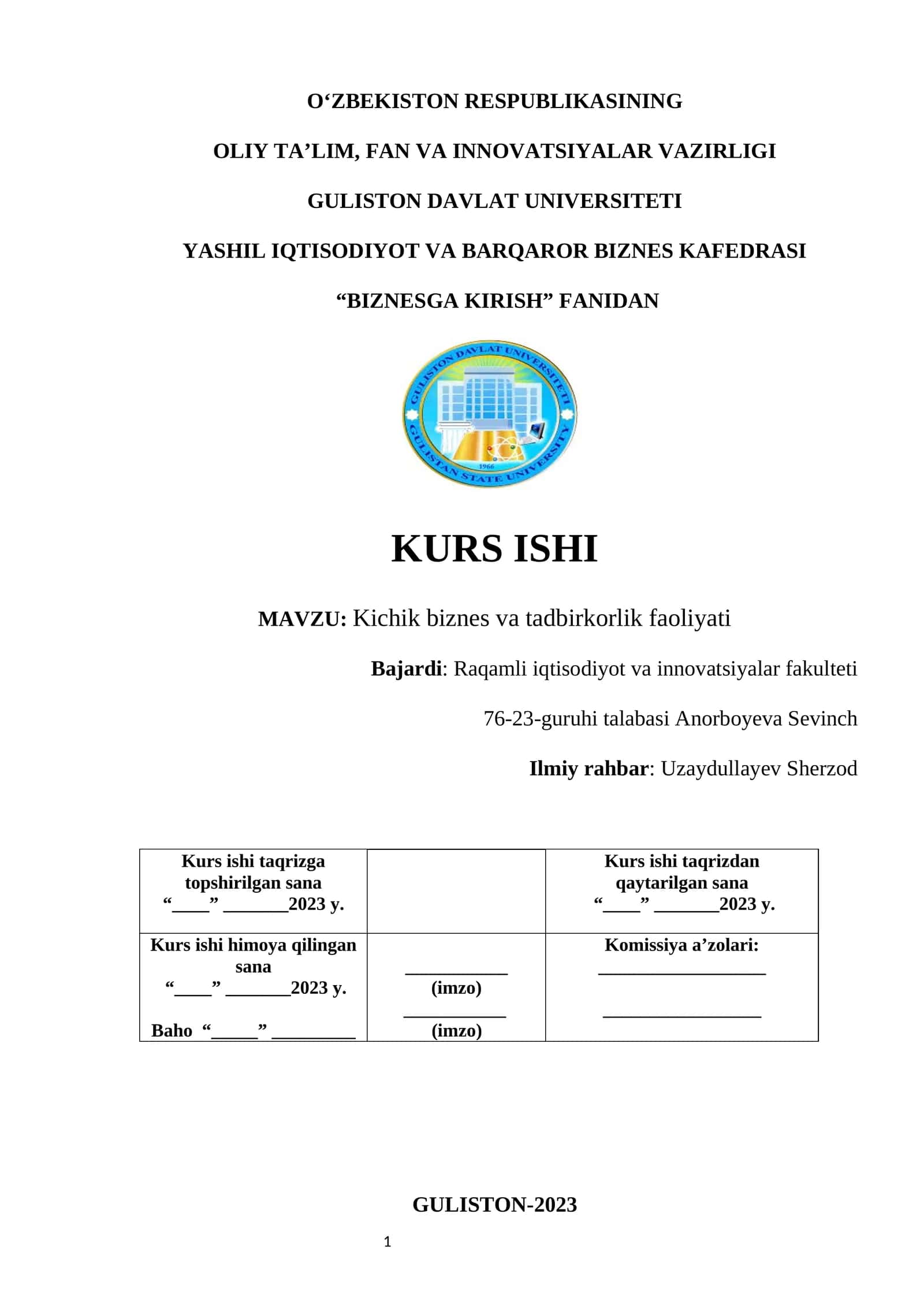 Kichik biznes va tadbirkorlik faoliyati 1