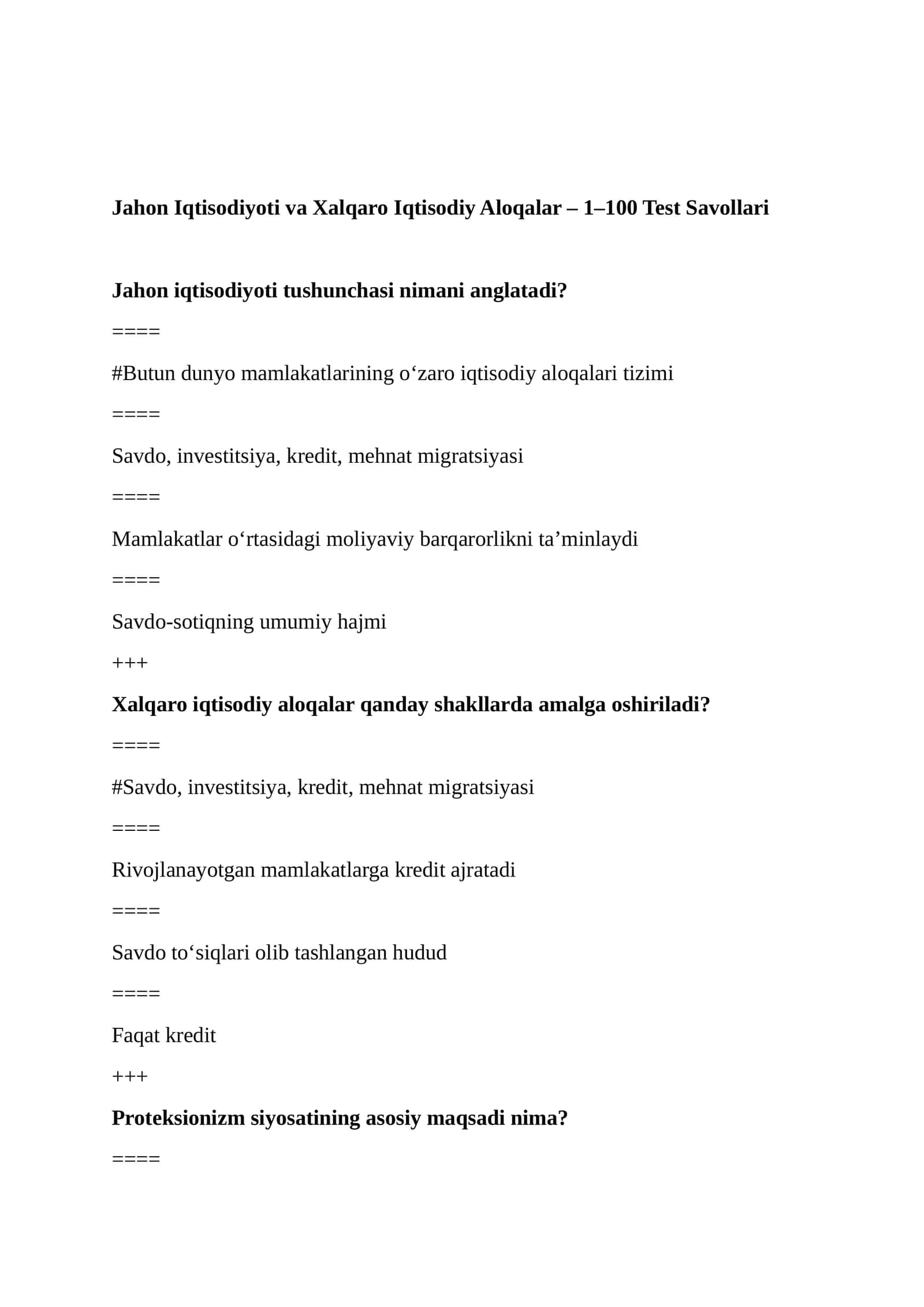 Jahon Iqtisodiyoti va Xalqaro Iqtisodiy Aloqalar – 1–100 Test Savollari 1