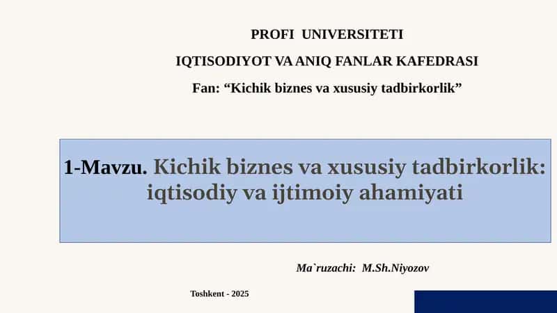 Kichikbiznesvaxususiytadbirkorlik: iqtisodiyvaijtimoiyahamiyati 1