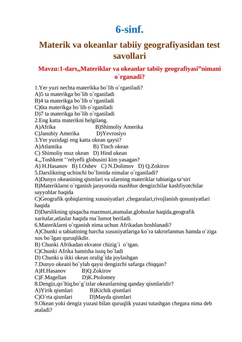 Materik va okeanlar tabiiy geografiyasidan test savollari 1