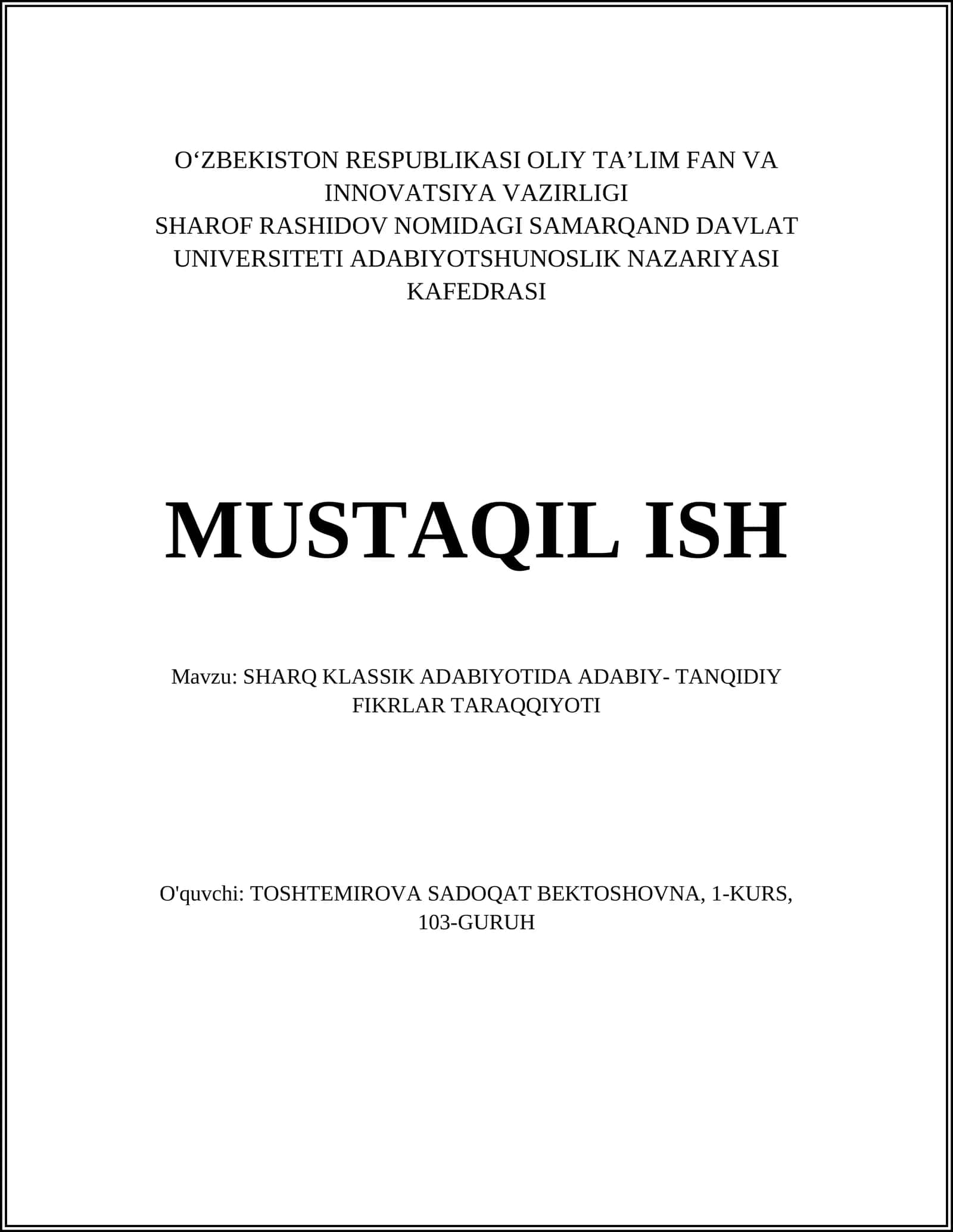 SHARQ KLASSIK ADABIYOTIDA ADABIY- TANQIDIY FIKRLAR TARAQQIYOTI 1