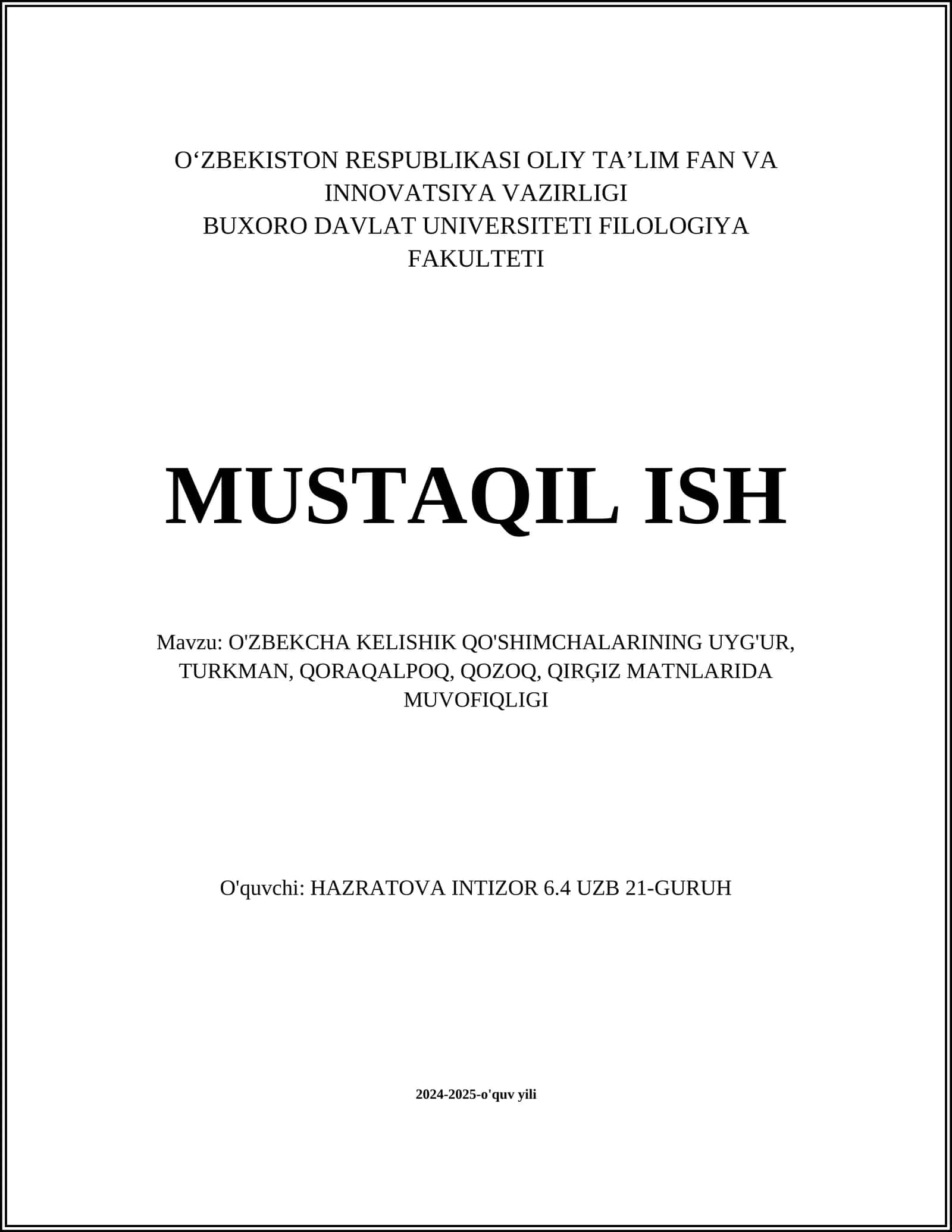 O'ZBEKCHA KELISHIK QO'SHIMCHALARINING UYG'UR, TURKMAN, QORAQALPOQ, QOZOQ, QIRĢIZ MATNLARIDA MUVOFIQLIGI 1