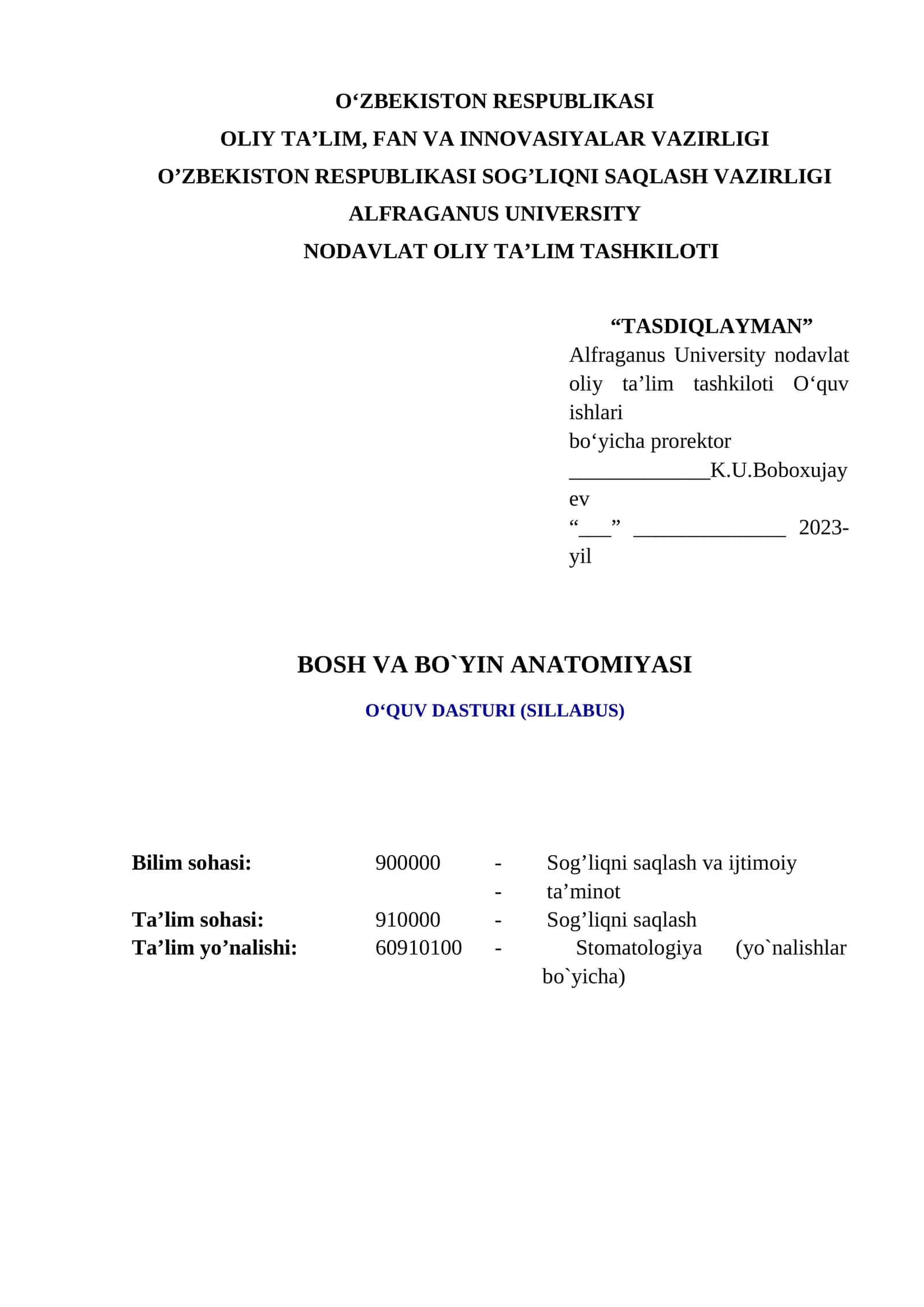 BOSH VA BO`YIN ANATOMIYASI O‘QUV DASTURI (SILLABUS) 1
