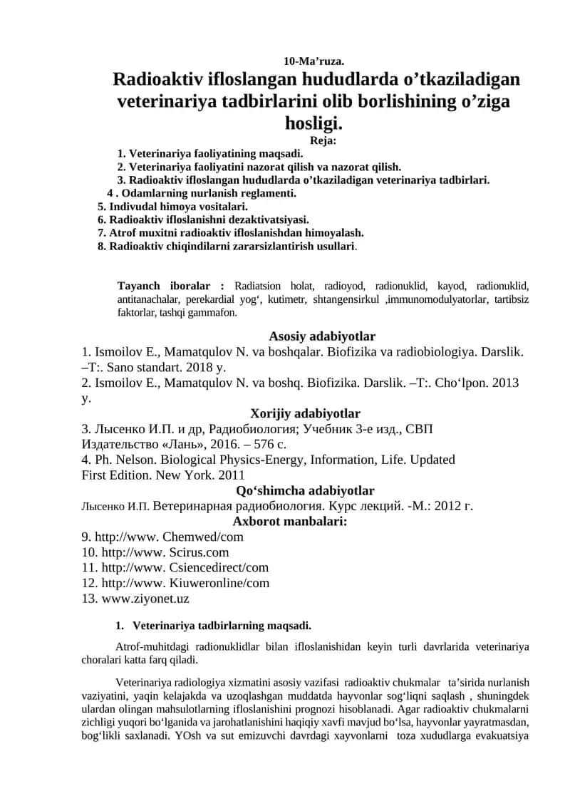 Radioaktiv ifloslangan hududlarda o’tkaziladigan veterinariya tadbirlar 1
