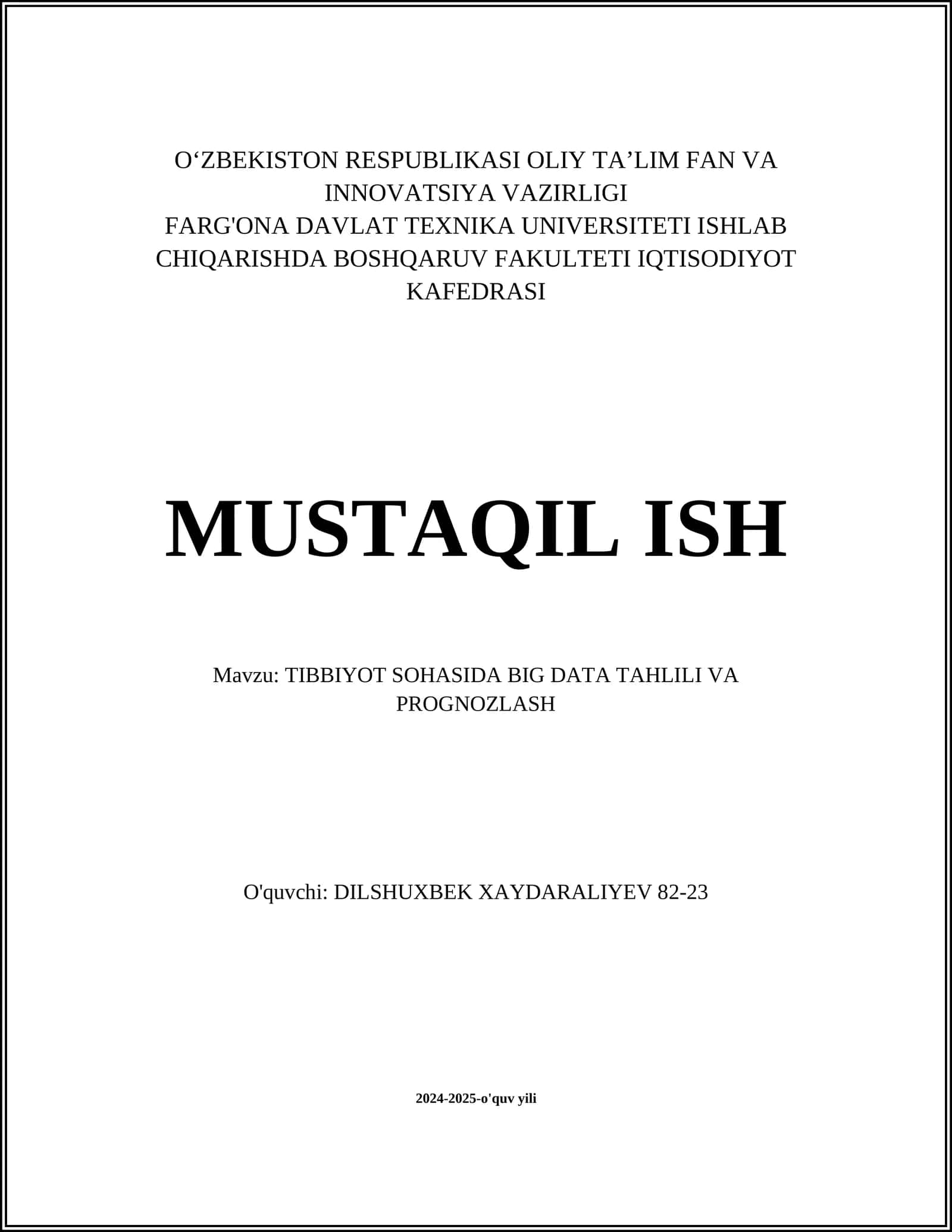 TIBBIYOT SOHASIDA BIG DATA TAHLILI VA PROGNOZLASH 1