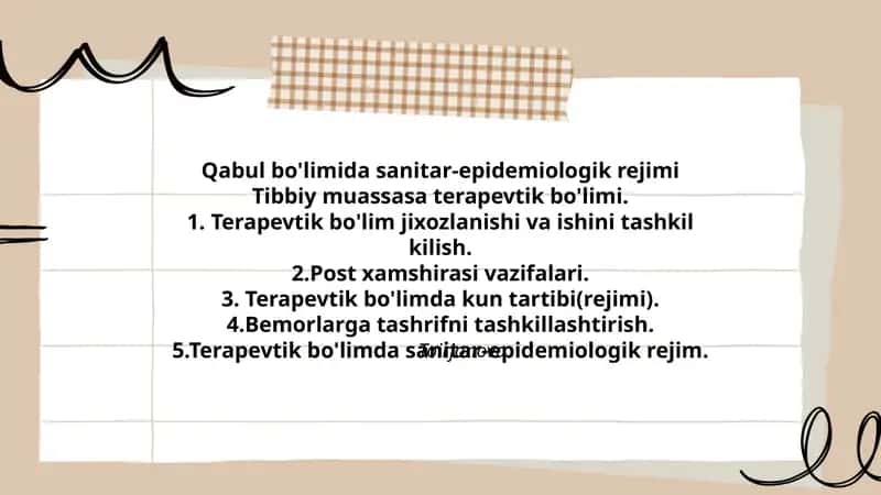 Qabul bo'limida sanitar-epidemiologik rejimi Tibbiy muassasa terapevtik bo'limi 1