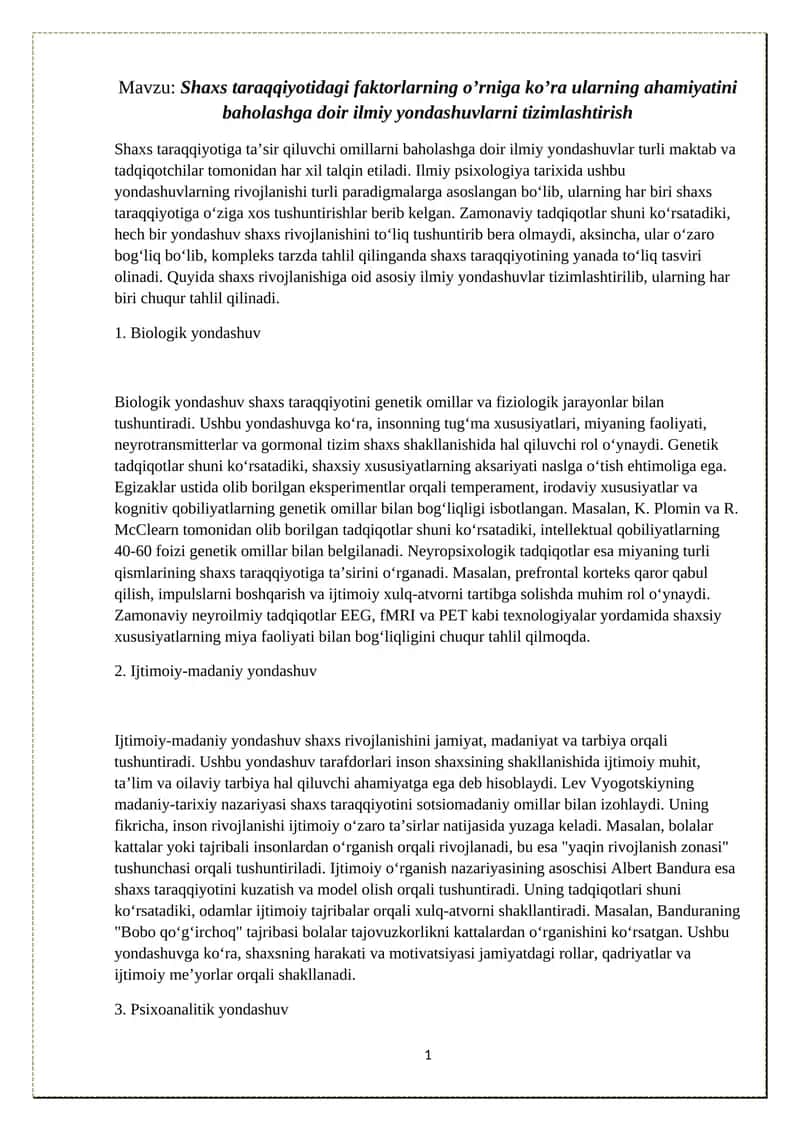 Shaxs taraqqiyotidagi faktorlarning o’rniga ko’ra ularning ahamiyatini baholashga doir ilmiy yondashuvlarni tizimlashtirish 1