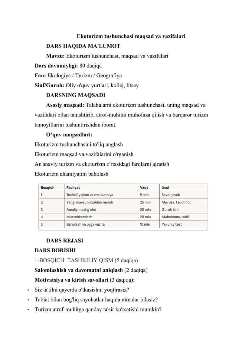 Ekoturizm tushunchasi maqsad va vazifalari 1