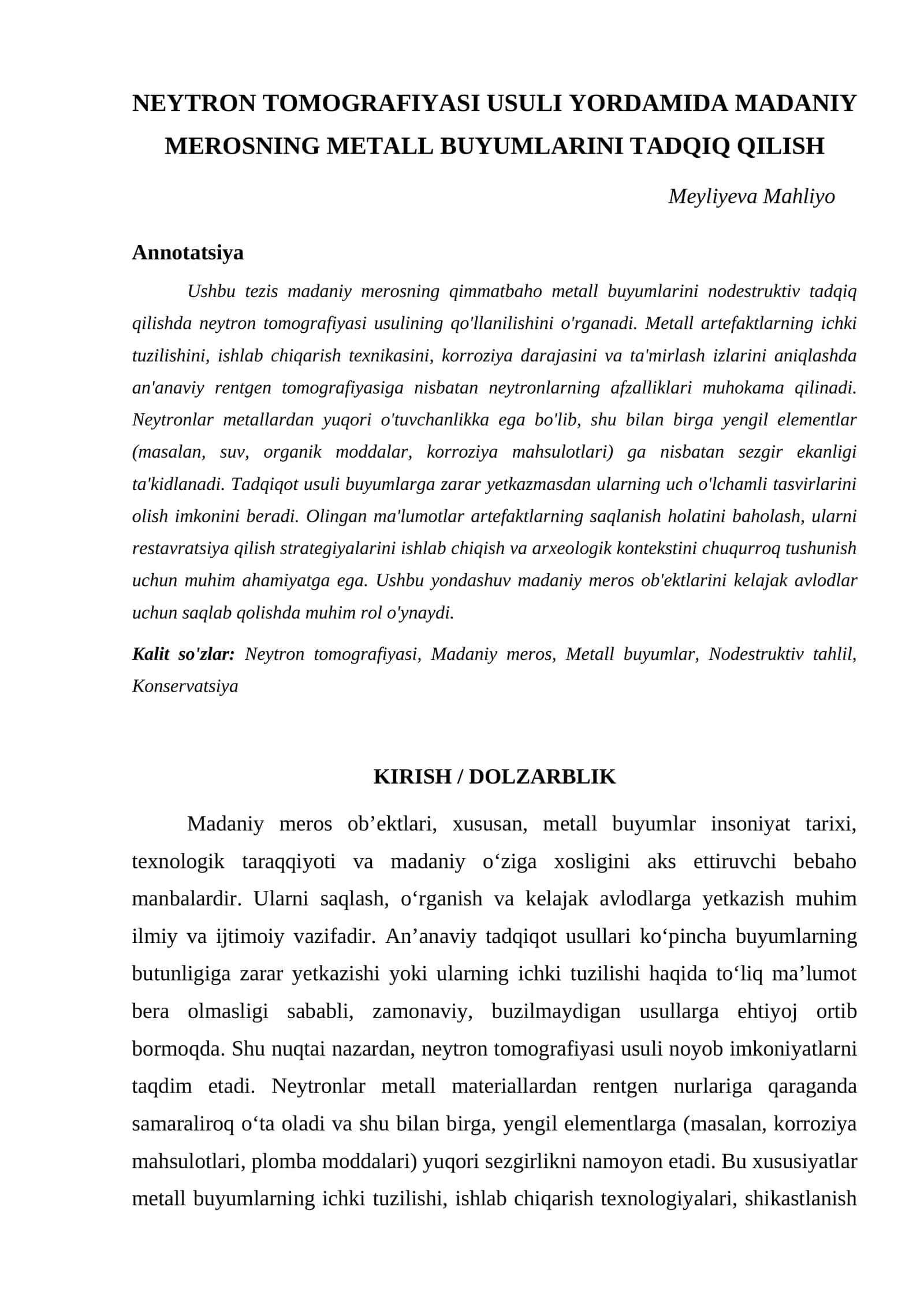 NEYTRON TOMOGRAFIYASI USULI YORDAMIDA MADANIY MEROSNING METALL BUYUMLARINI TADQIQ QILISH 1