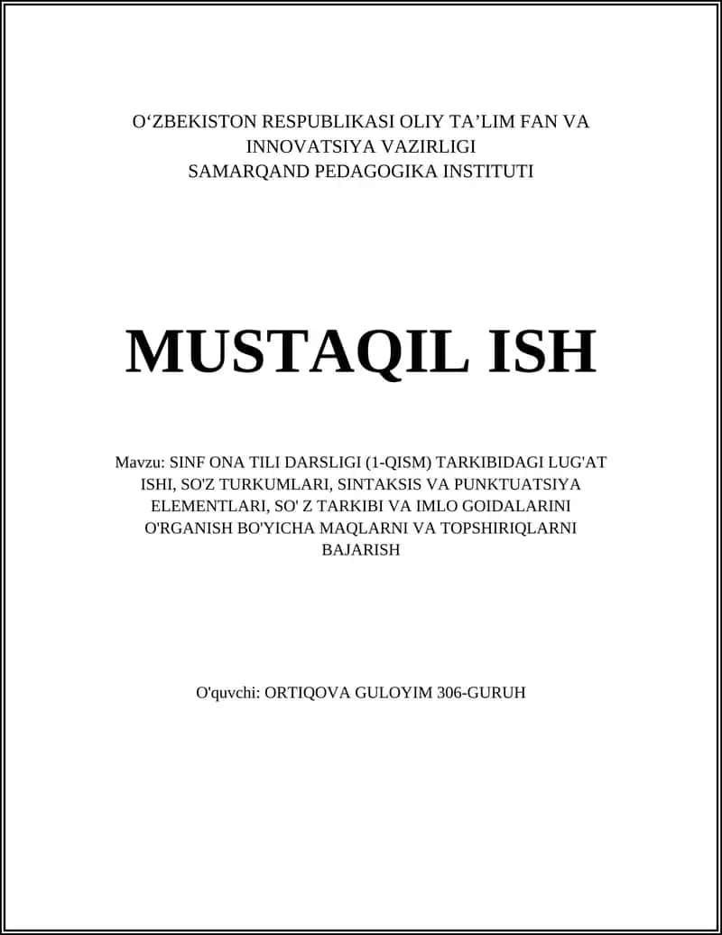 SINF ONA TILI DARSLIGI (1-QISM) TARKIBIDAGI LUG'AT ISHI 1