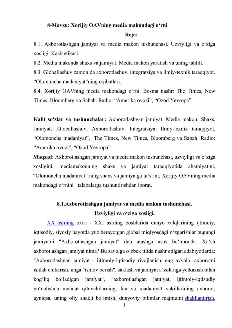 Xorijiy OAVning media makondagi o‘rni 1