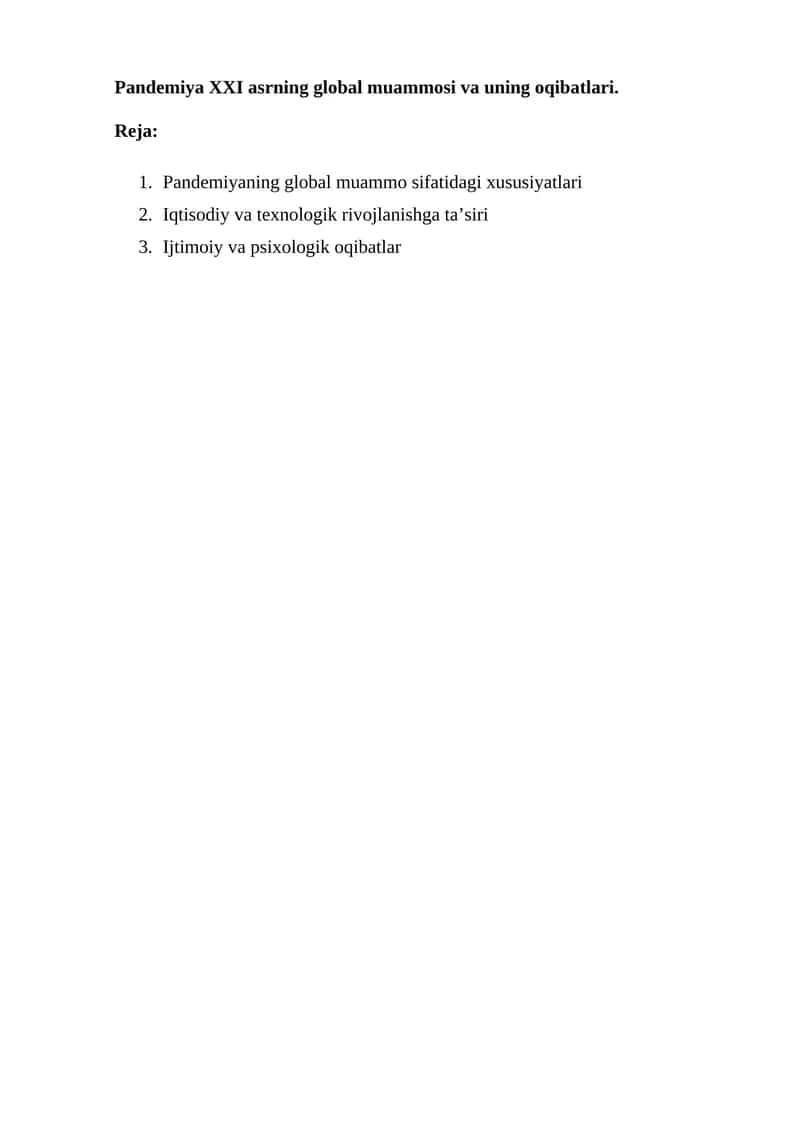 Pandemiya XXI asrning global muammosi va uning oqibatlari 1