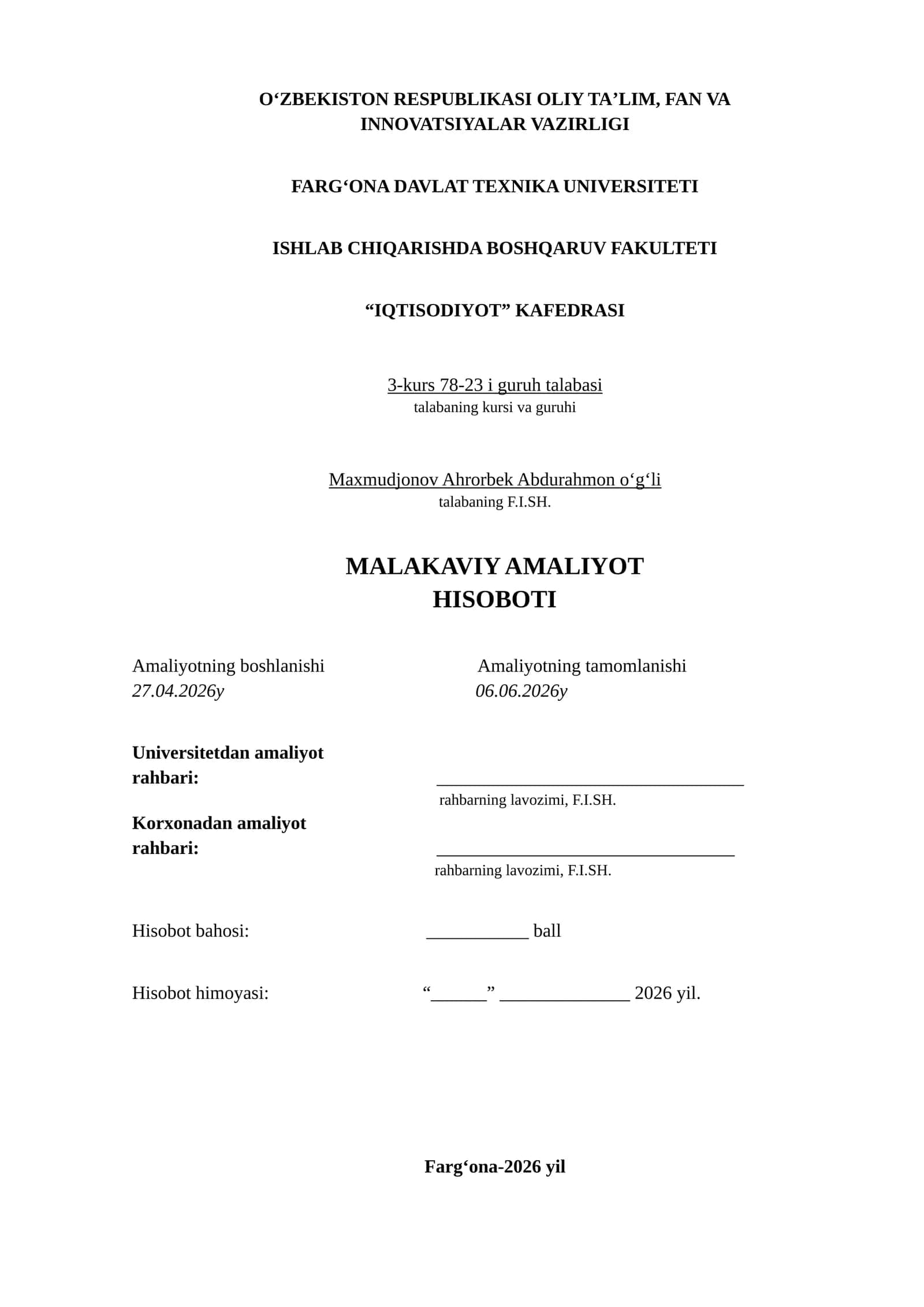 MALAKAVIY AMALIYOT HISOBOTI. Maishiy texnika savdosi bilan shugullanuvchi mchj boyicha. 40 list 1