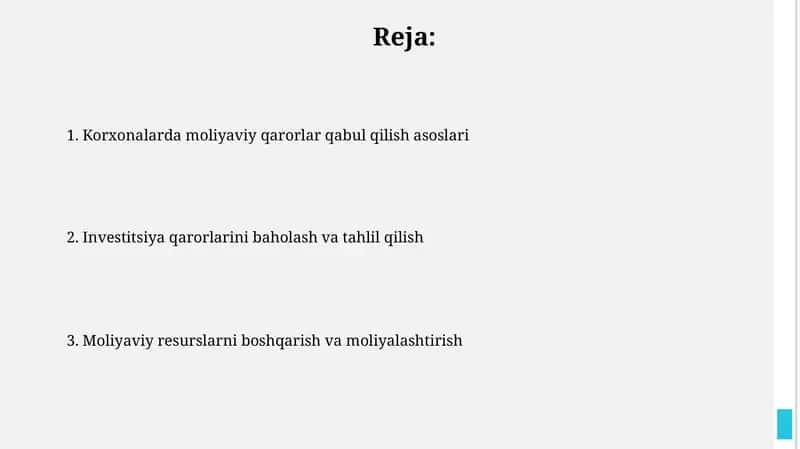 Korxonalarda moliyaviy qarorlar qabul qilish asoslari 1
