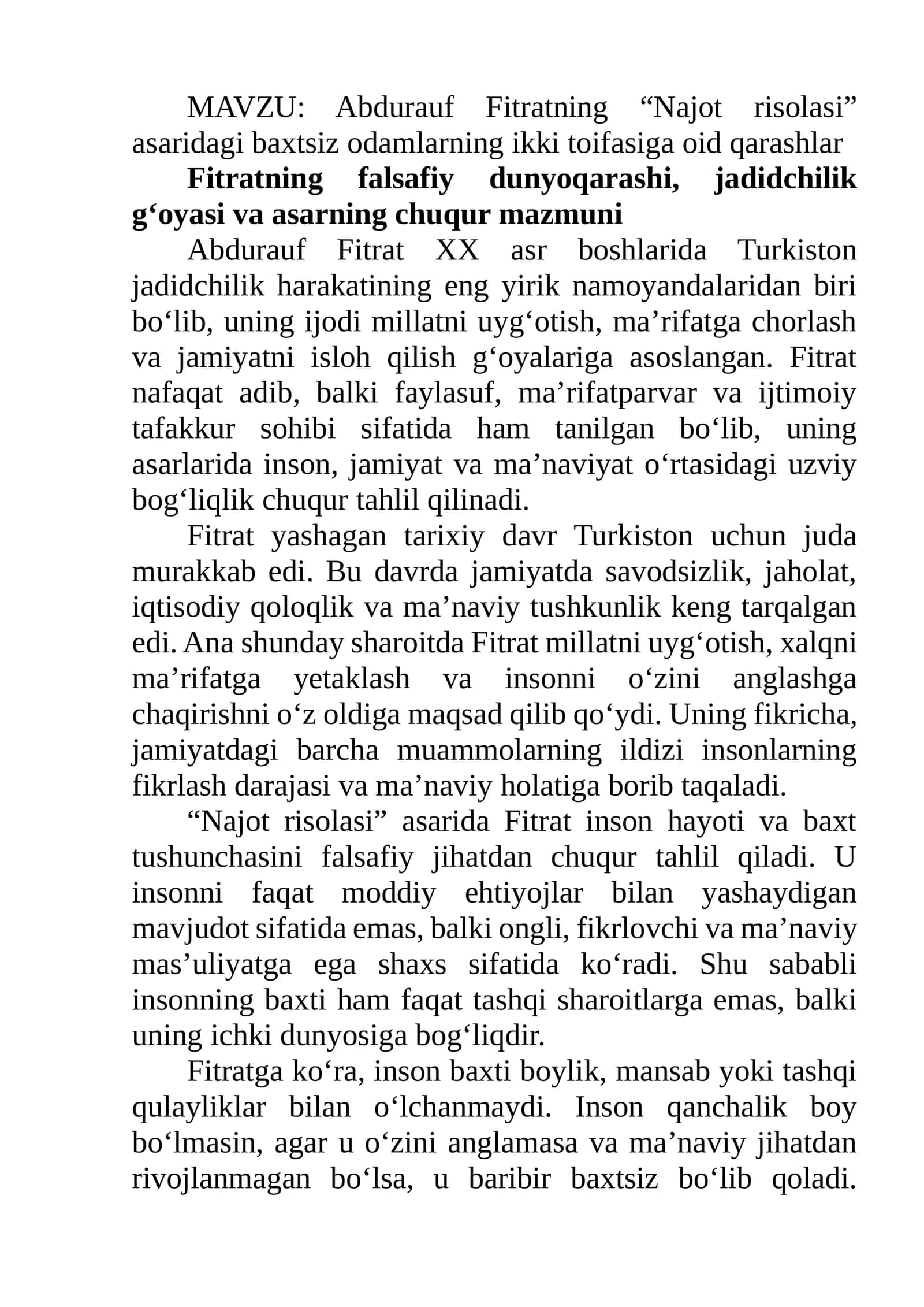 Abdurauf Fitratning “Najot risolasi” asaridagi baxtsiz odamlarning ikki toifasiga oid qarashlar 1