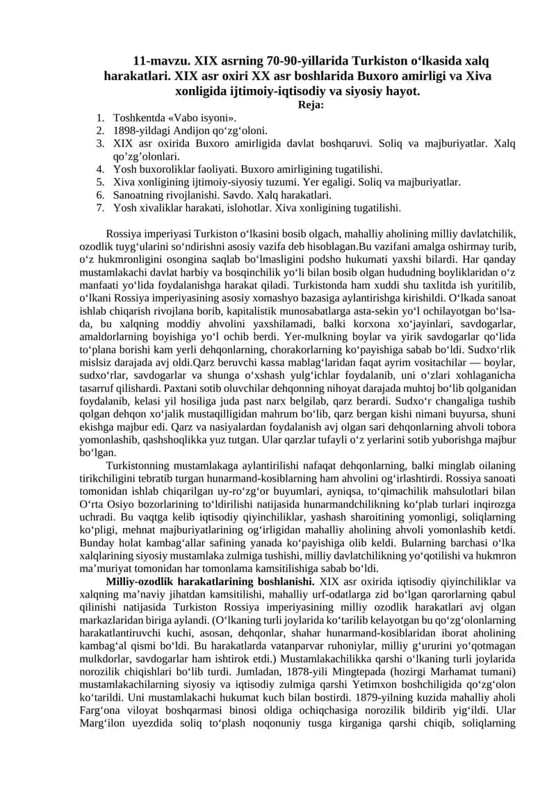XIX asrning Turkiston o‘lkasida xalq harakatlari 1