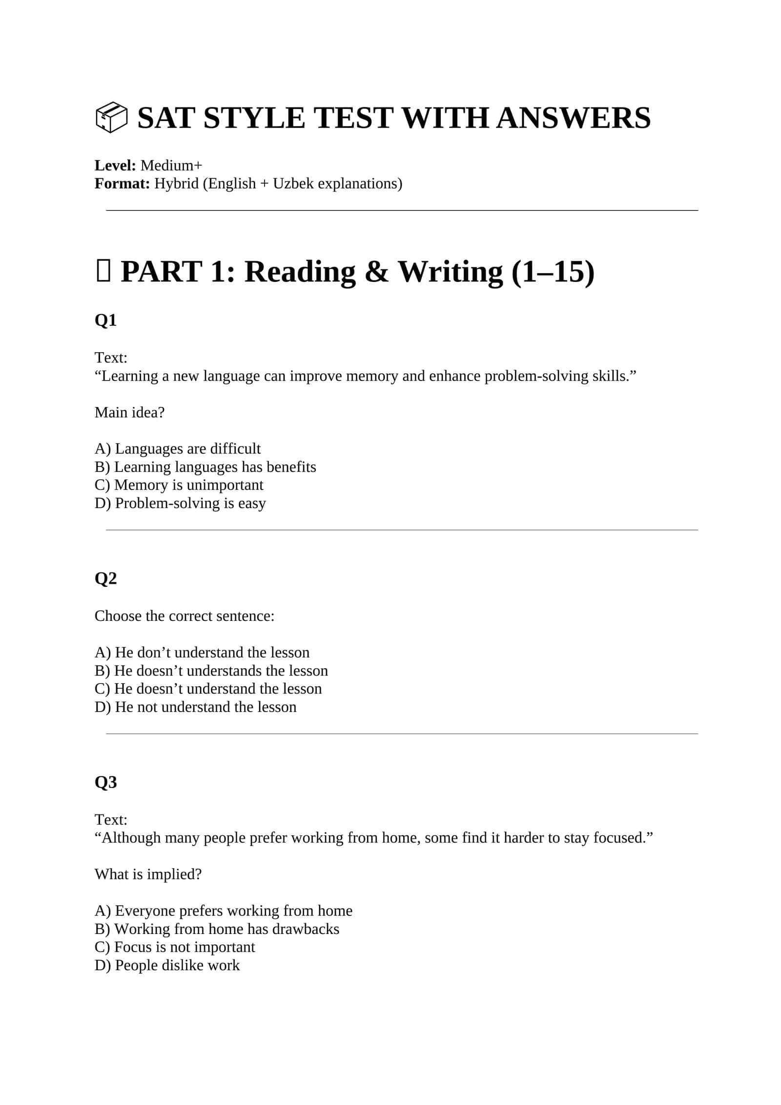 SAT STYLE TEST WITH ANSWERS 1