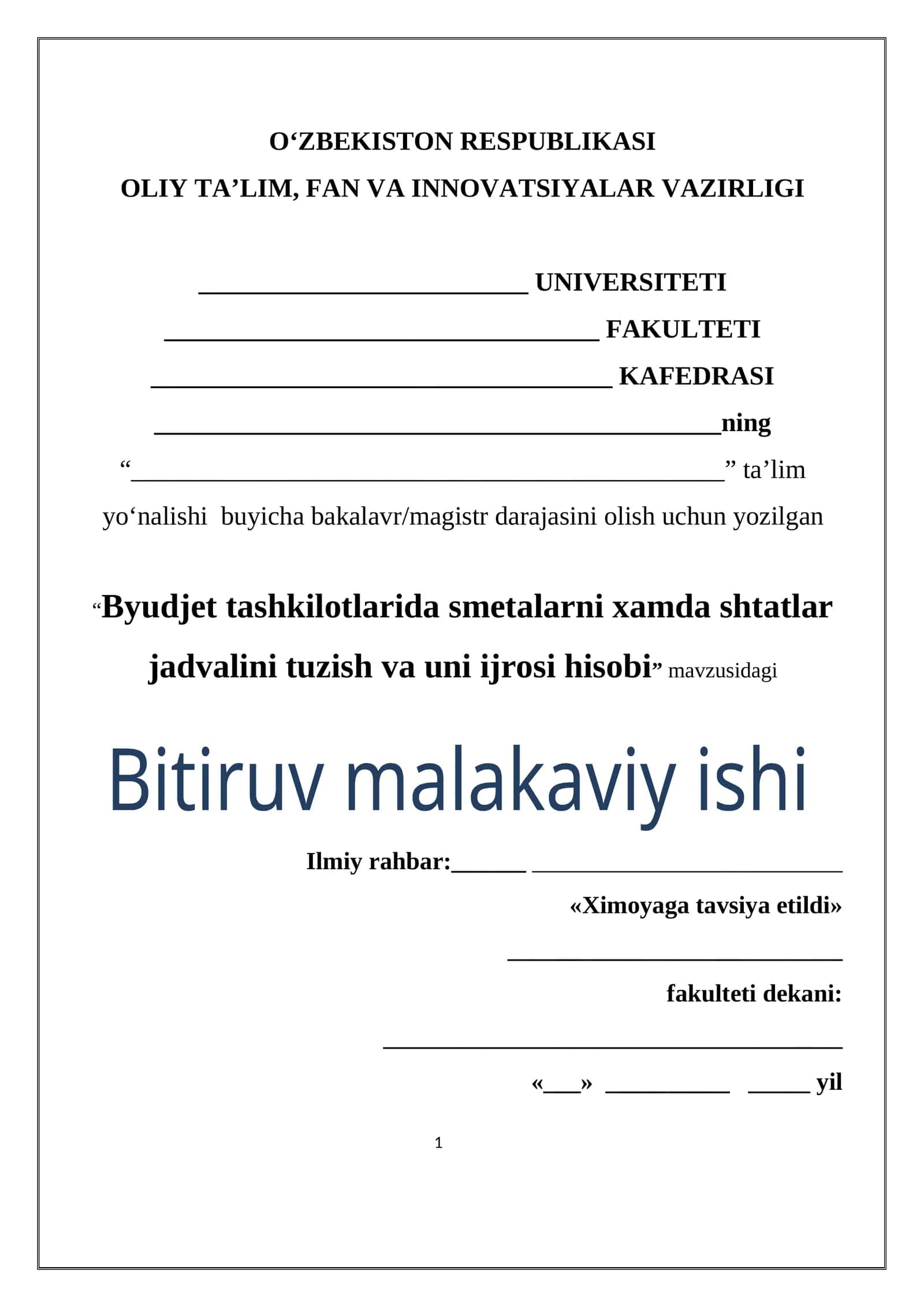 Byudjet tashkilotlarida smetalarni xamda shtatlar jadvalini tuzish va uni ijrosi hisobi 1