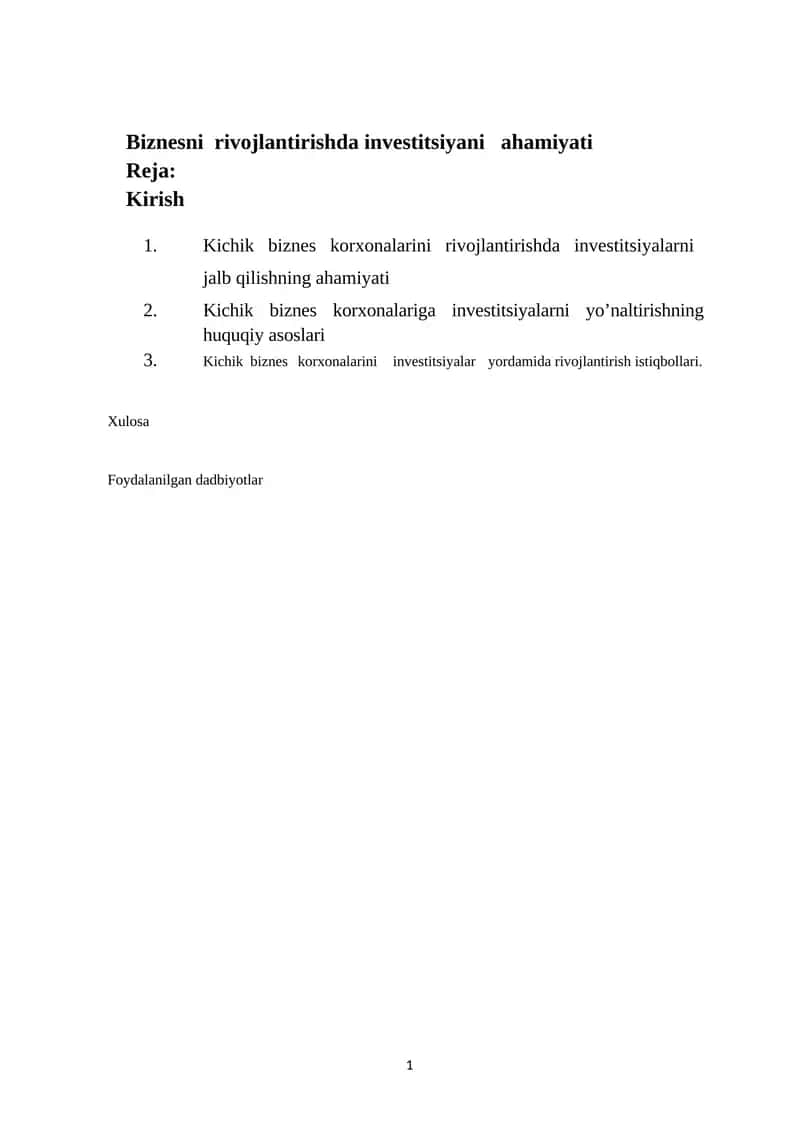 Kichik biznes korxonalarini rivojlantirishda investitsiyani ahamiyati 1