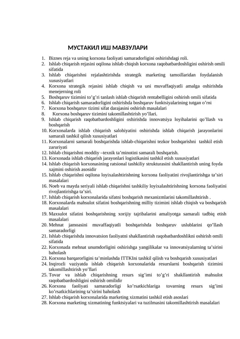 МУСТАКИЛ ИШ МАВЗУЛАРИ 1