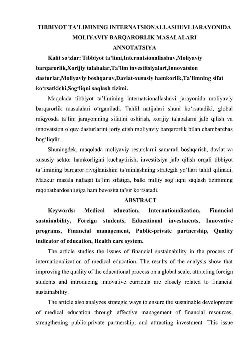 TIBBIYOT TA’LIMINING INTERNATSIONALLASHUVI JARAYONIDA MOLIYAVIY BARQARORLIK MASALALARI 1