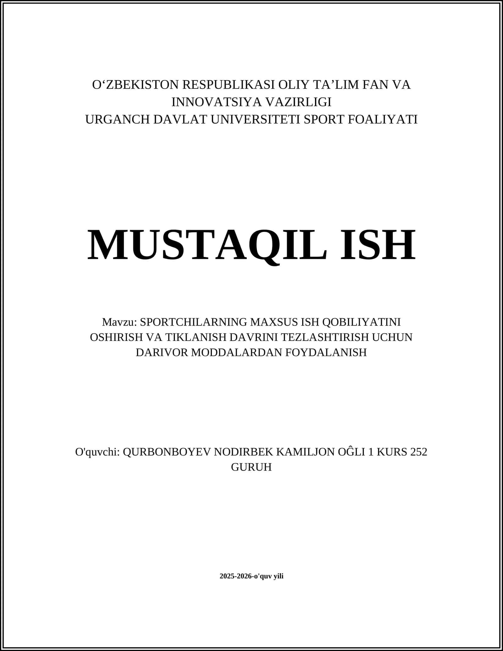 SPORTCHILARNING MAXSUS ISH QOBILIYATINI OSHIRISH VA TIKLANISH DAVRINI TEZLASHTIRISH UCHUN DARIVOR MODDALARDAN FOYDALANISH 1