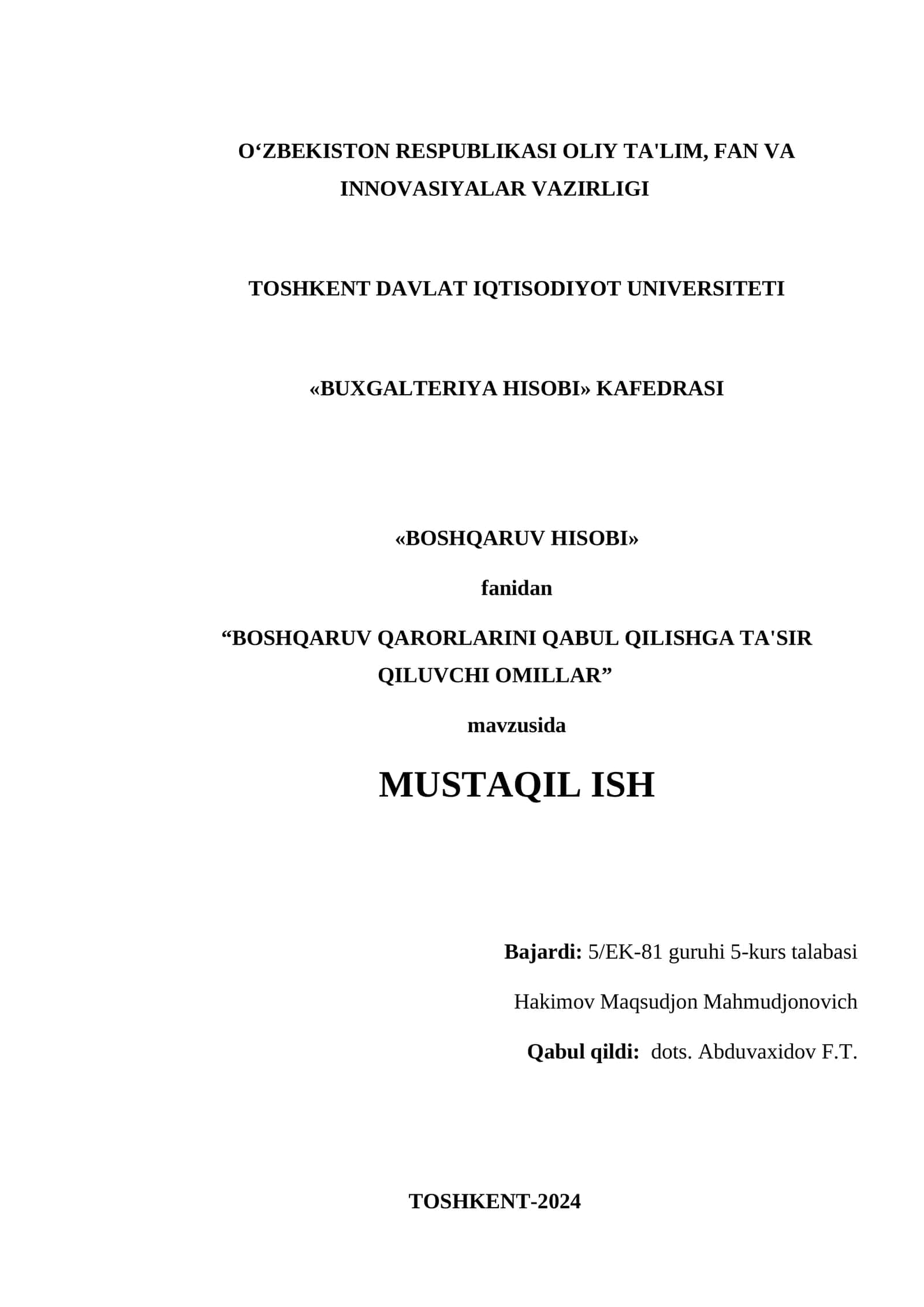 BOSHQARUV QARORLARINI QABUL QILISHGA TA'SIR QILUVCHI OMILLAR 1