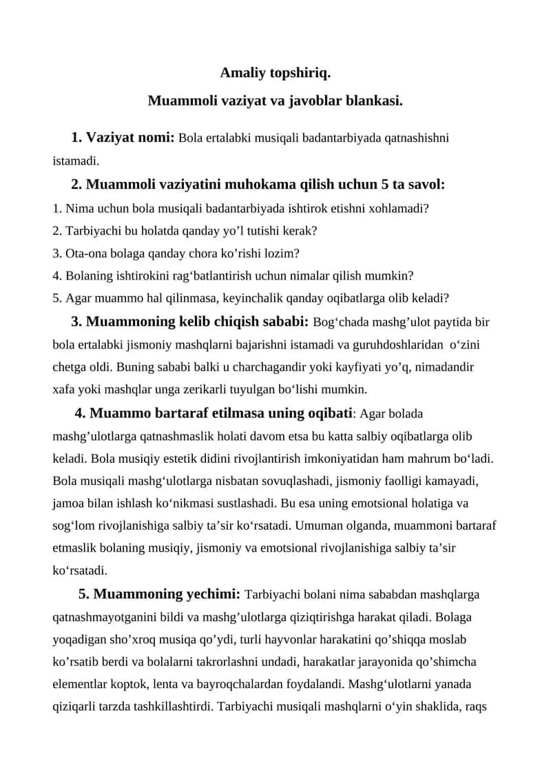 Muammoli vaziyat va javoblar blankasi. 1