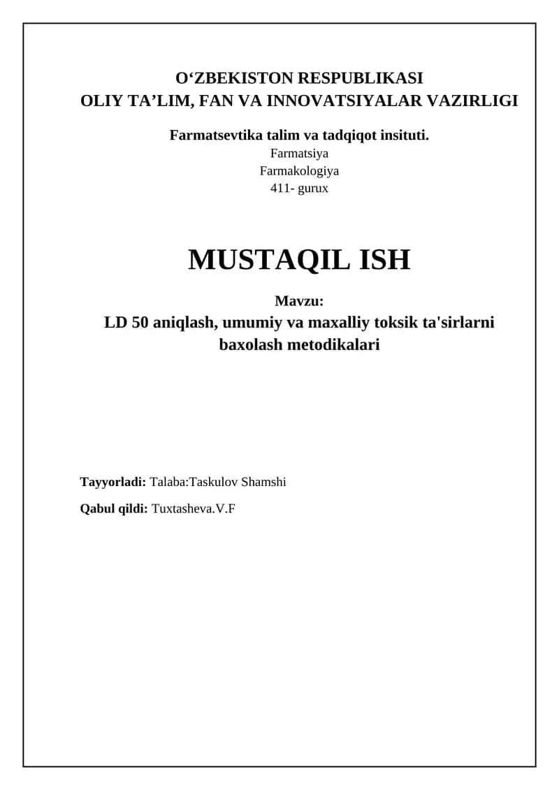 LD50 ni aniqlash usullari va ma'lumotlarni tahlil qilish 1