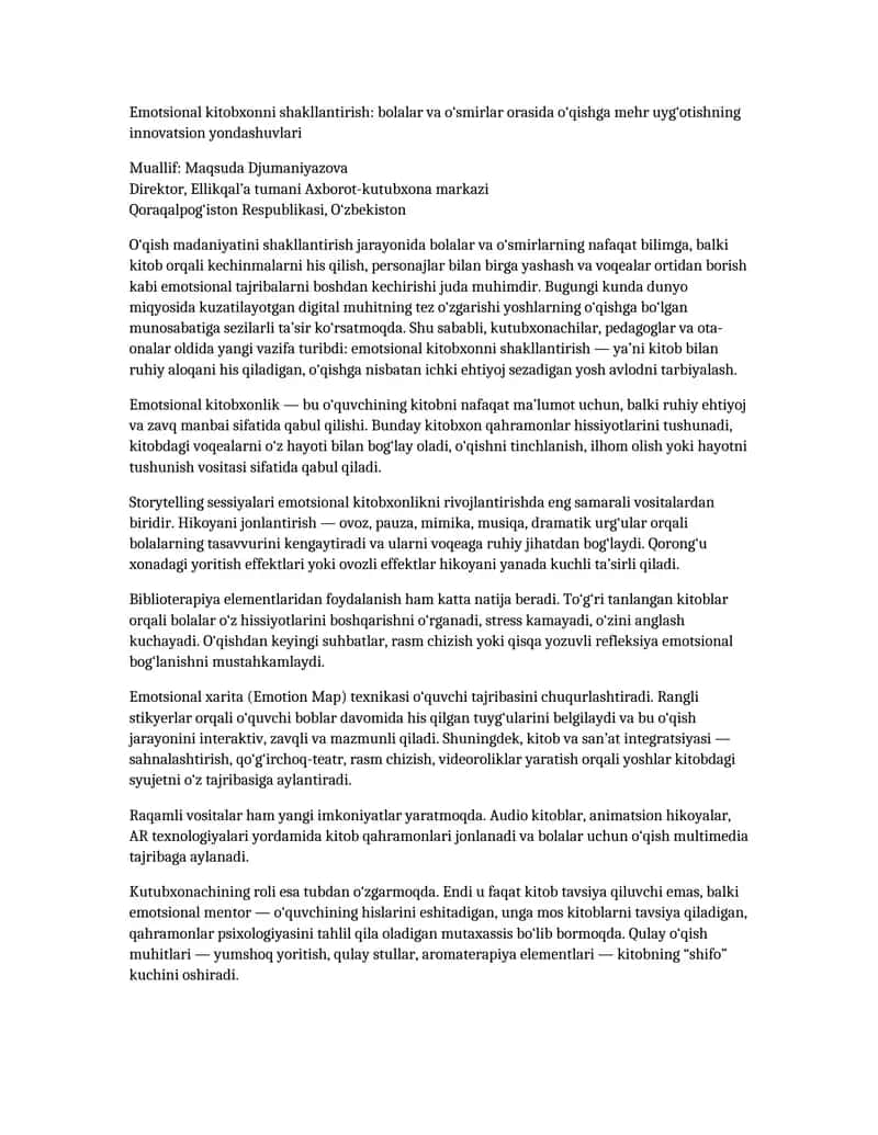 Emotsional kitobxonni shakllantirish: bolalar va o‘smirlar orasida o‘qishga mehr uyg‘otishning innovatsion yondashuvlari 1