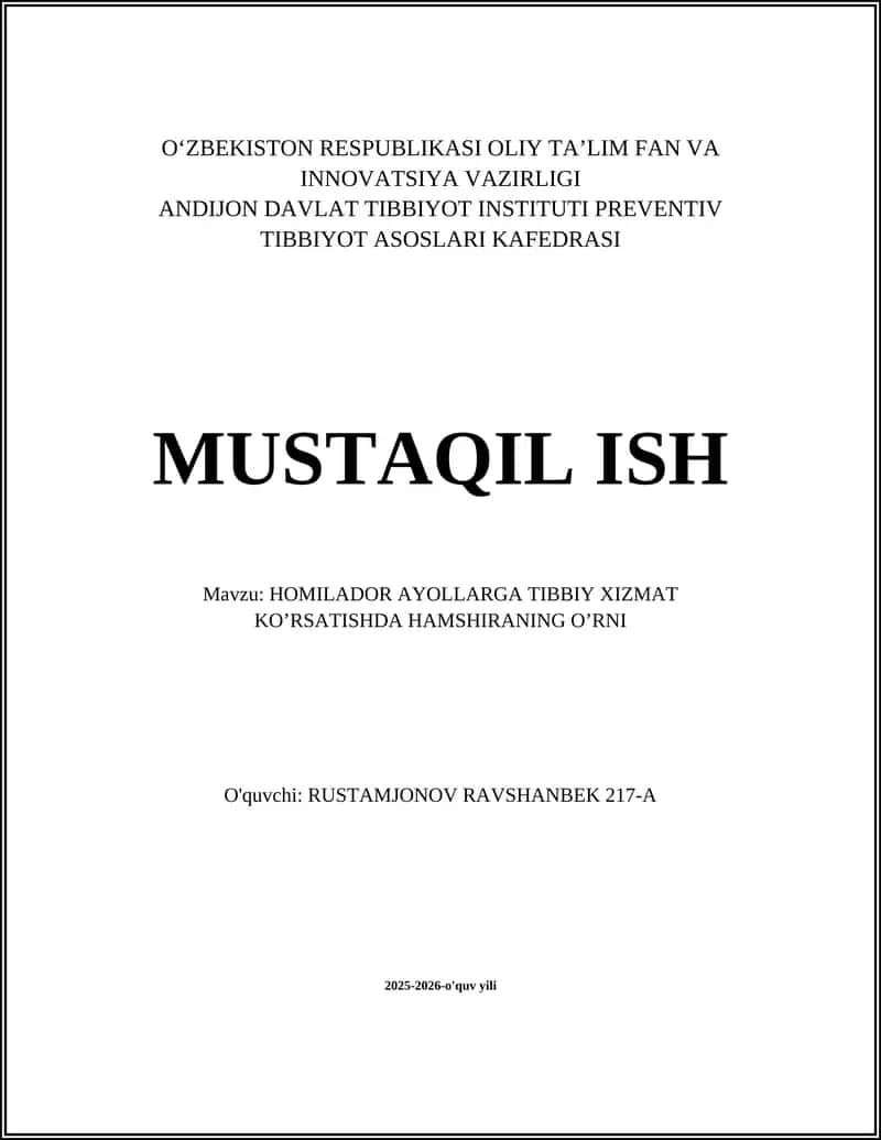 HOMILADOR AYOLLARGA TIBBIY XIZMAT KO’RSATISHDA HAMSHIRANING O’RNI 1