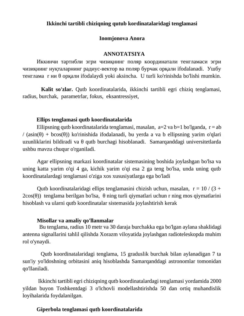 Ikkinchi tartibli chiziqning qutub kordinatalaridagi tenglamasi 1