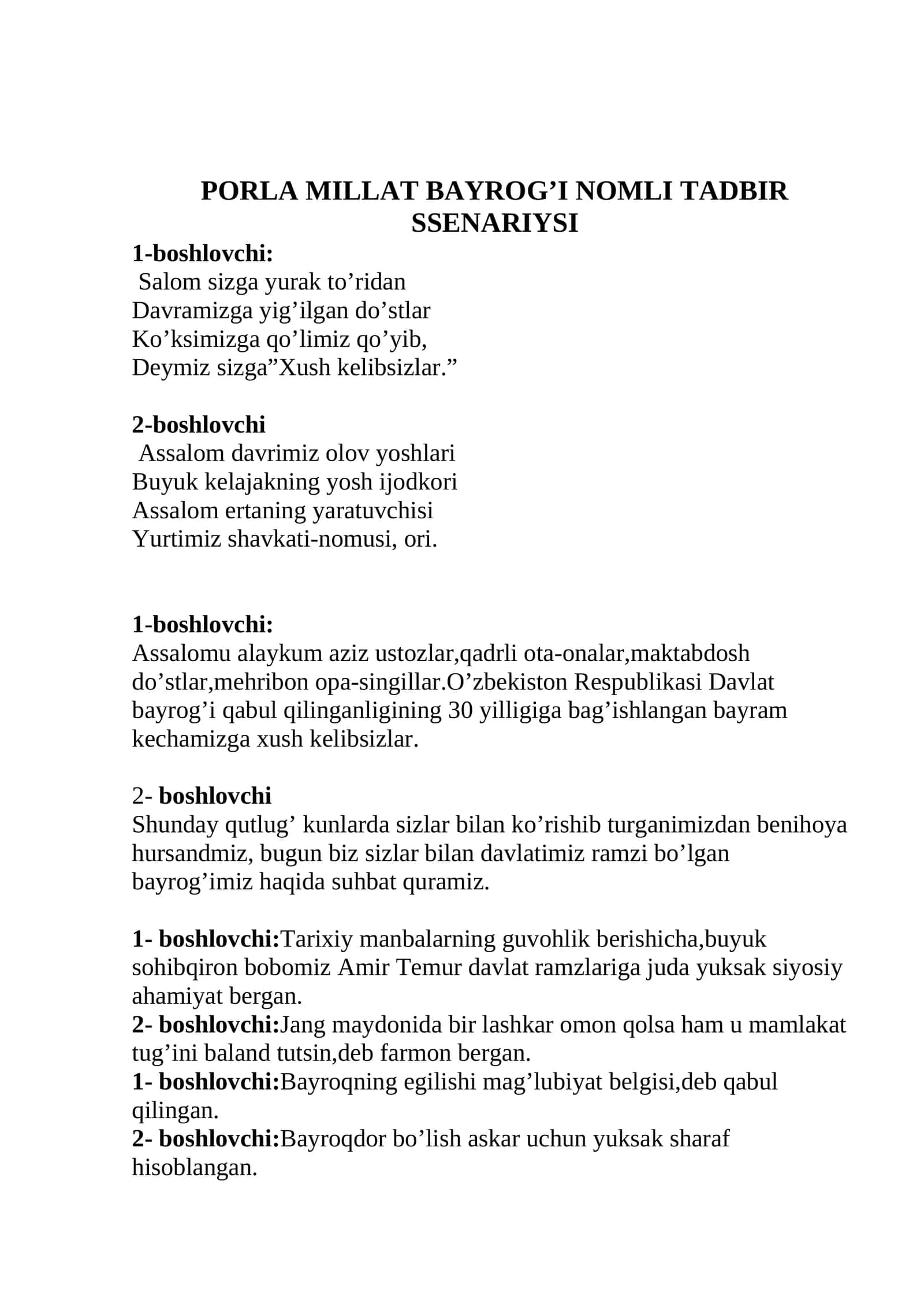 PORLA MILLAT BAYROG’I NOMLI TADBIR SSENARIYSI 1