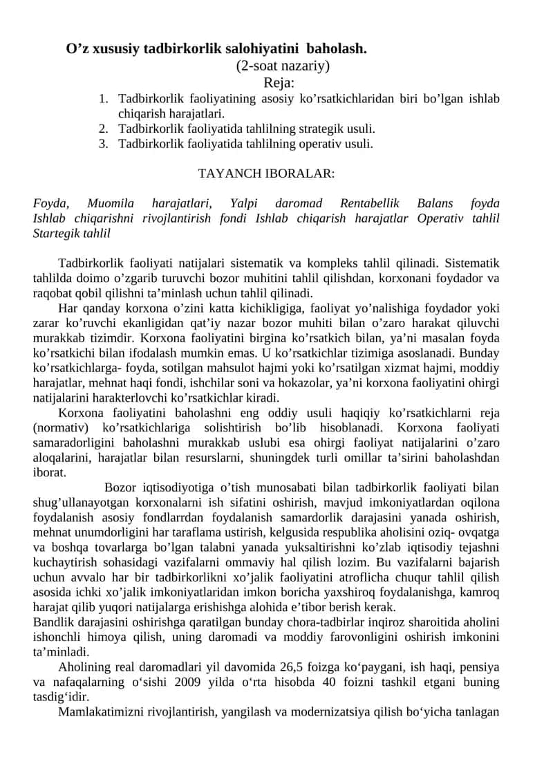 Tadbirkorlik faoliyati natijalari 1