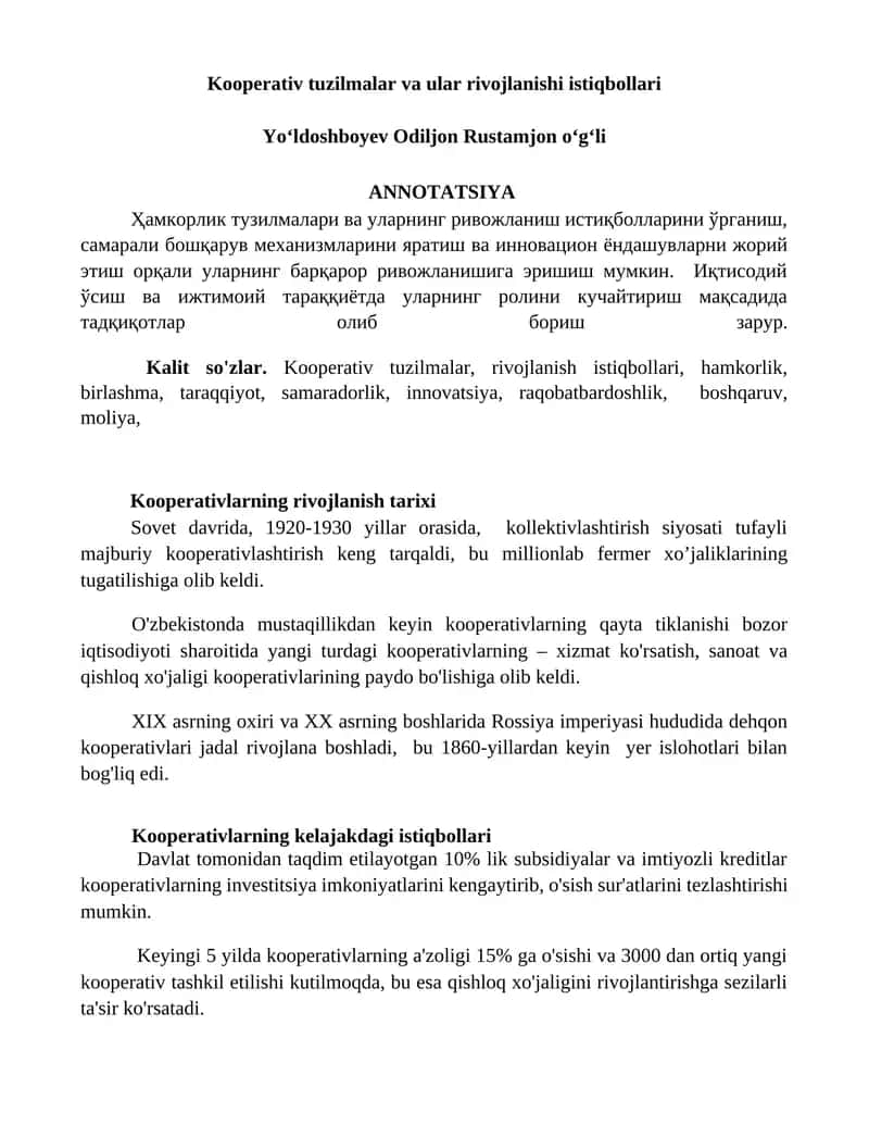Kooperativ tuzilmalar va ular rivojlanishi istiqbollari 1