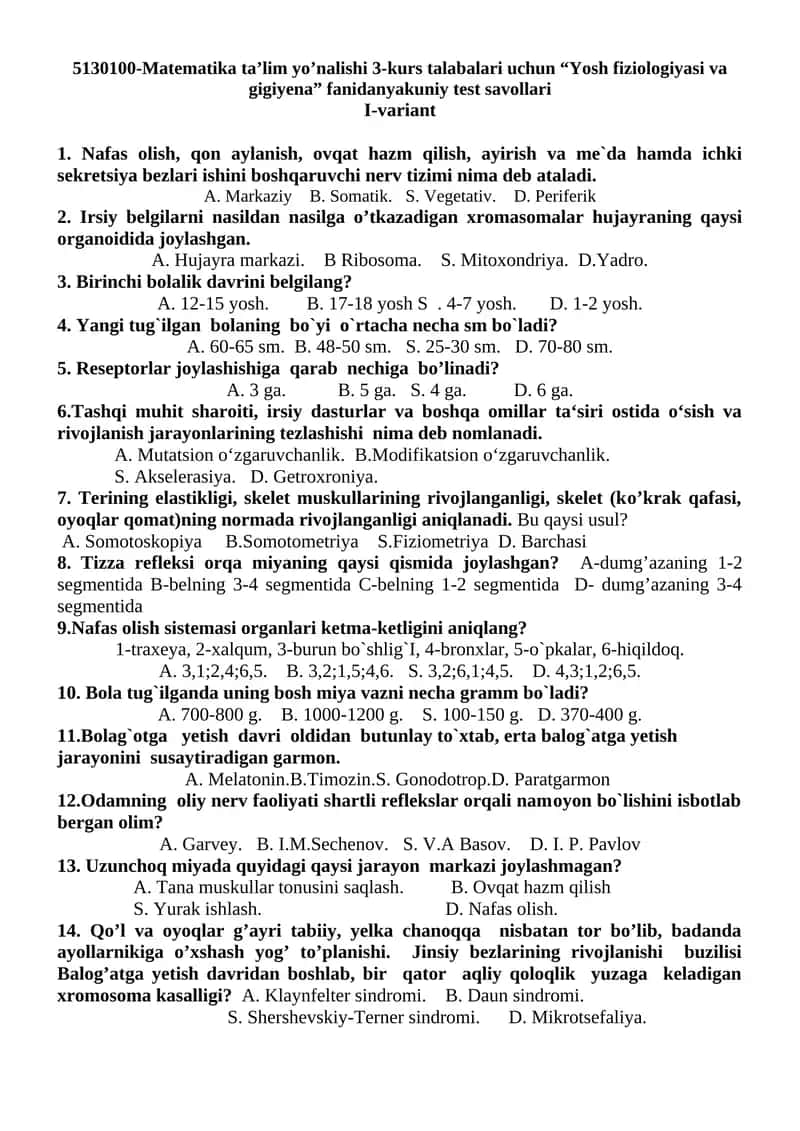 Yosh fiziologiyasi va gigiyena fanidanyakuniy test savollari 1