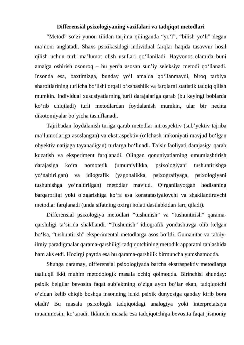 Differensial psixologiyaning vazifalari va tadqiqot metodlari 1