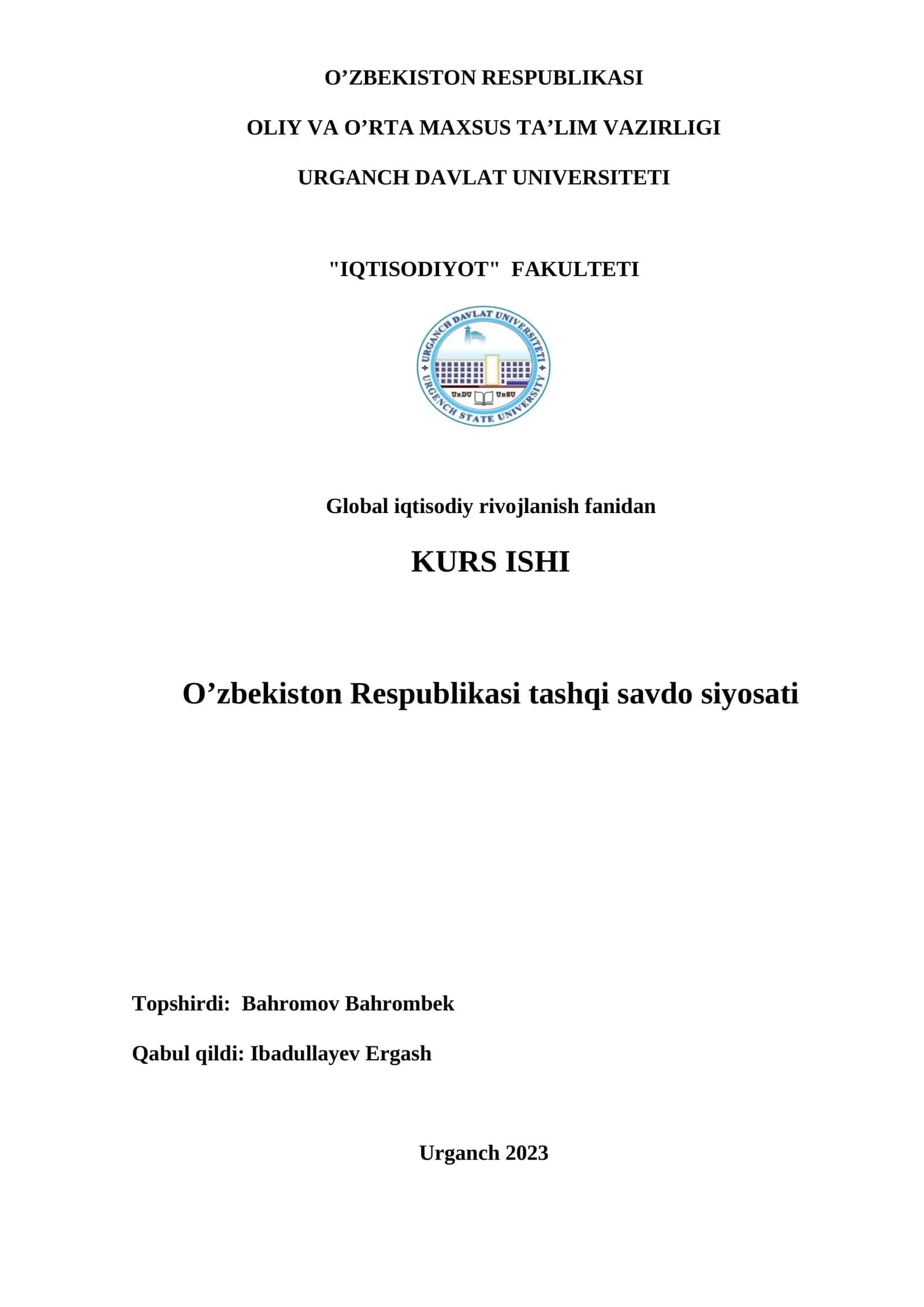 Global iqtisodiy rivojlanish fаnidаn KURS ISHI 1