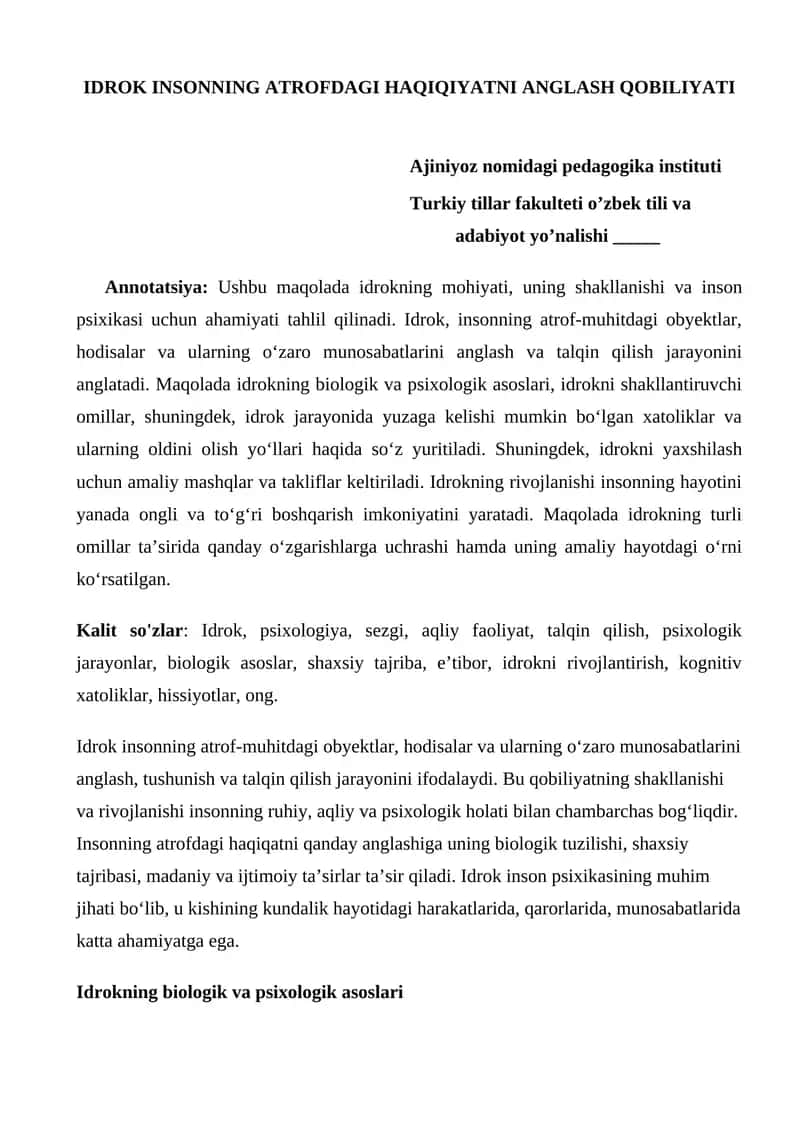 Idrok Insonning Atrofdagi Haqiqiyatni Anglash Qobiliyati 1