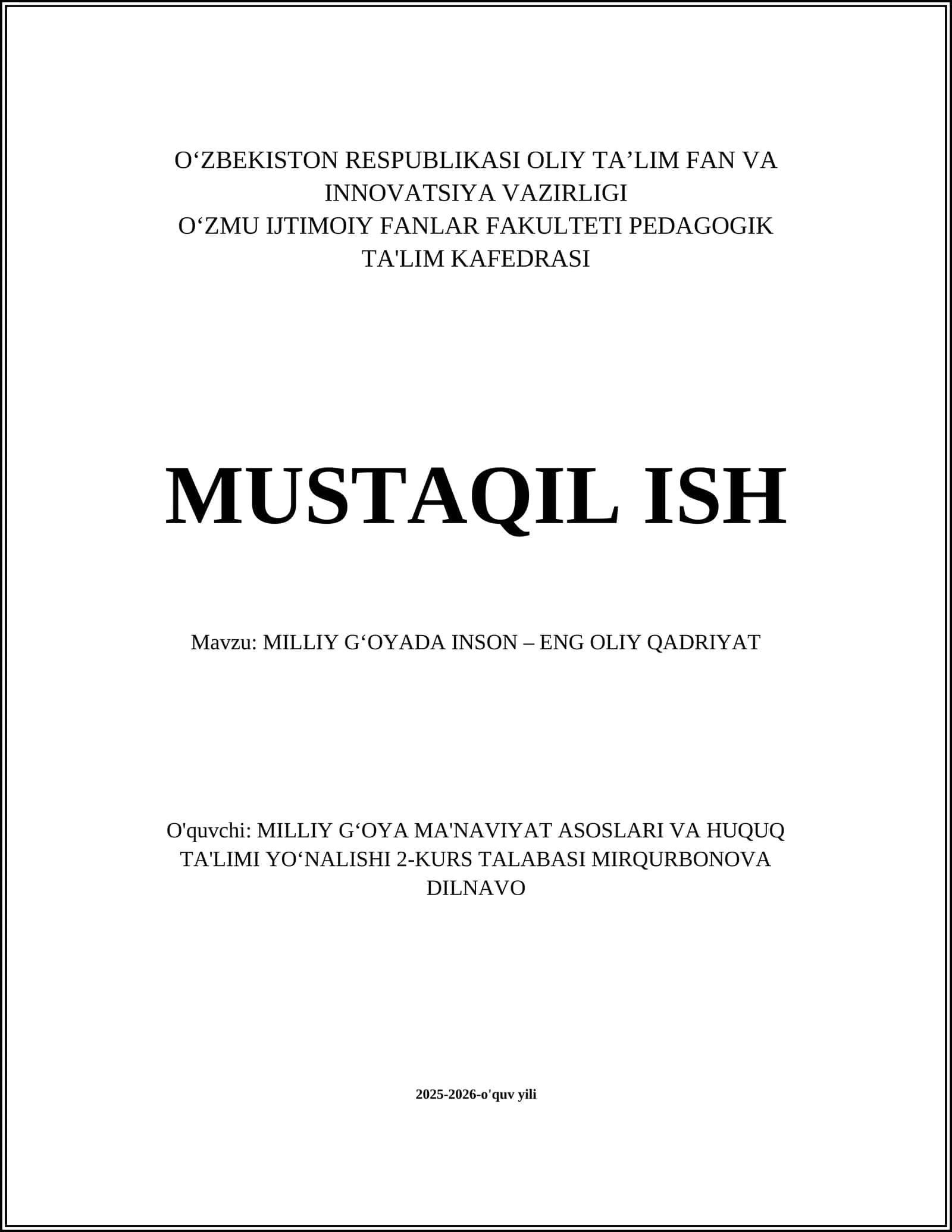 MILLIY G‘OYADA INSON – ENG OLIY QADRIYAT 1