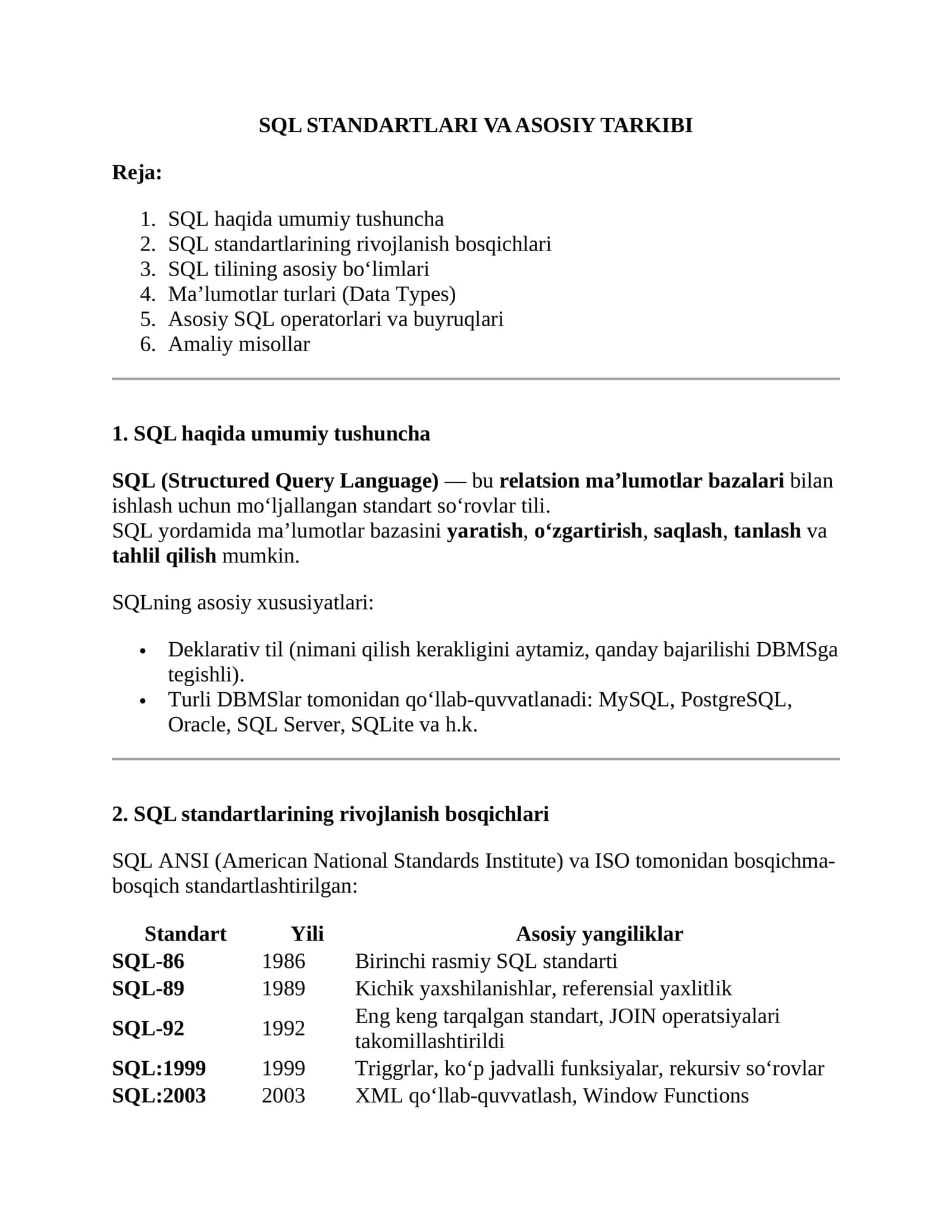 SQL STANDARTLARI VA ASOSIY TARKIBI 1