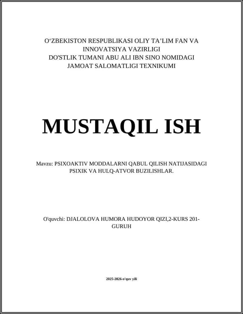 Psixoaktiv Modda Intoksikatsiyasida Yuzaga Keladigan Psixik Buzilishlar 1