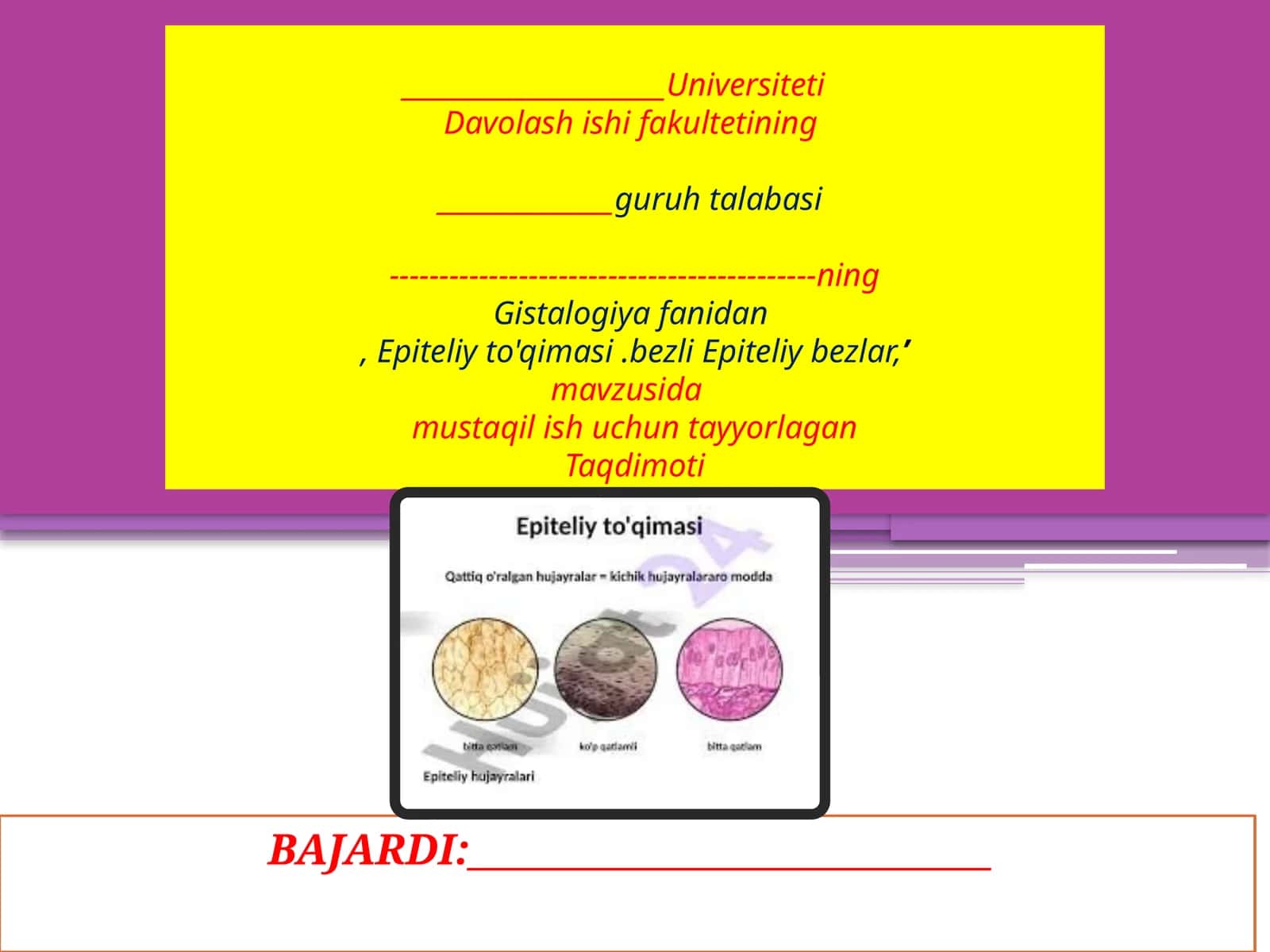 Gistalogiyafanidan Epiteliy To'qimasi va Bezli Epiteliy Bezlar 1
