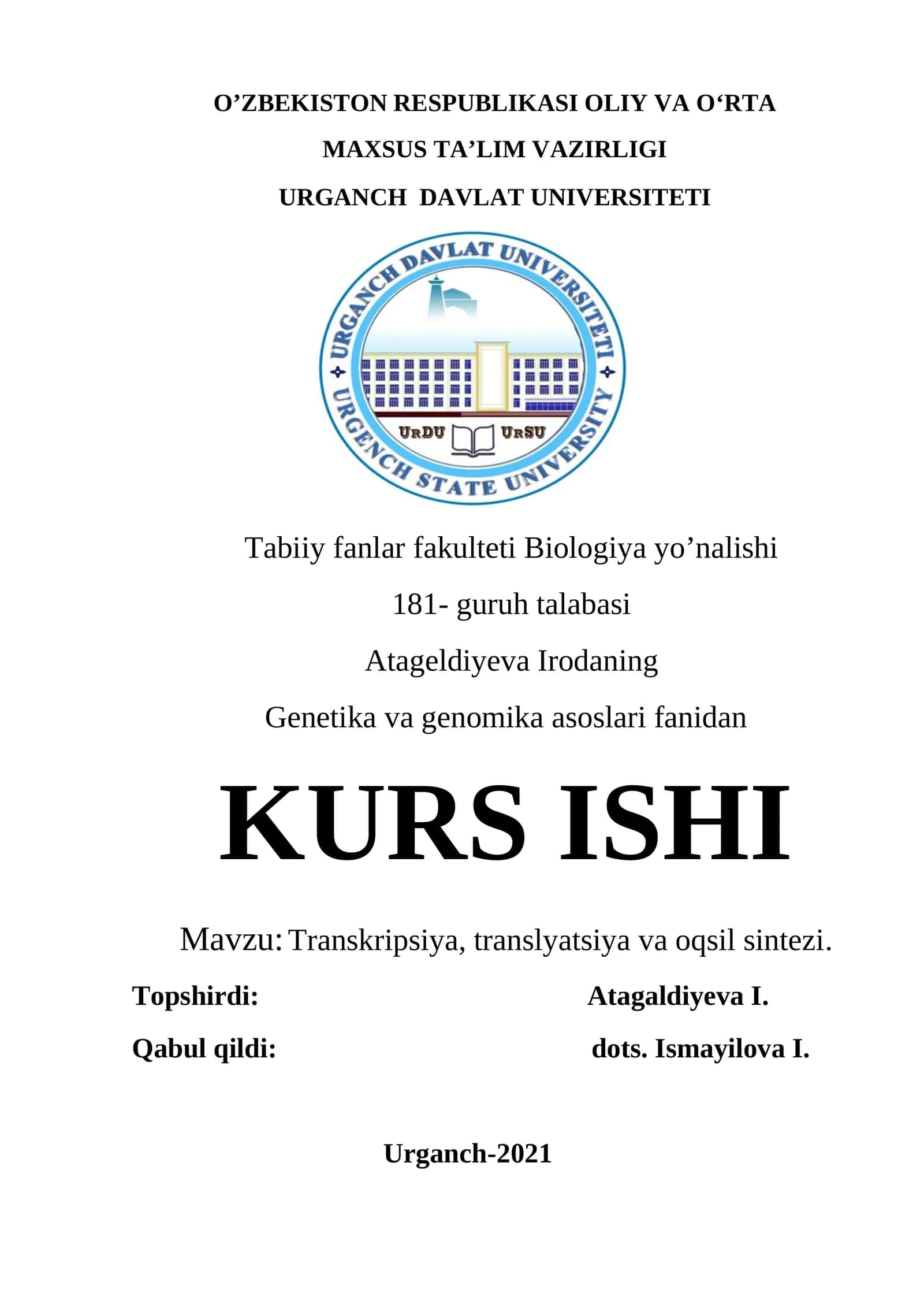 Transkripsiya, translyatsiya va oqsil sintezi 1