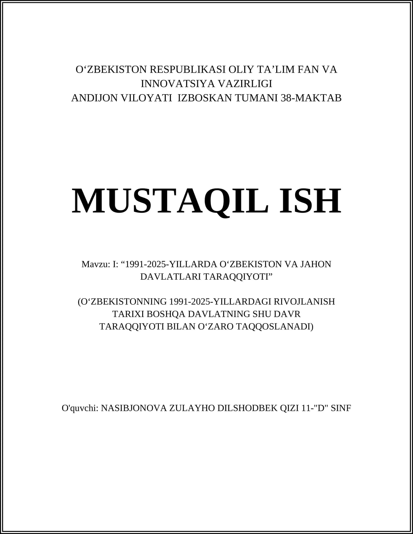 Iqtisodiy ishlar: 1991-2025 yillarda O‘zbekiston va jahon davlatlari taraqqiyoti 1