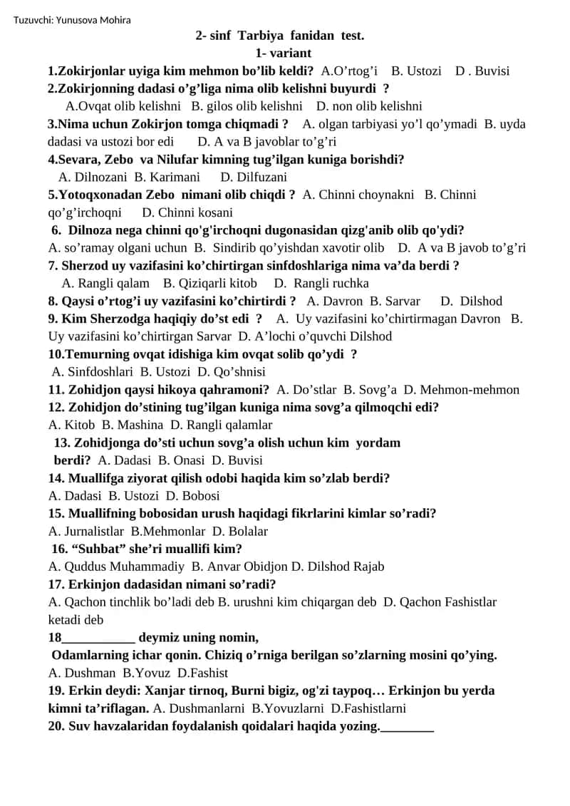 2- sinf Tarbiya fanidan test 1