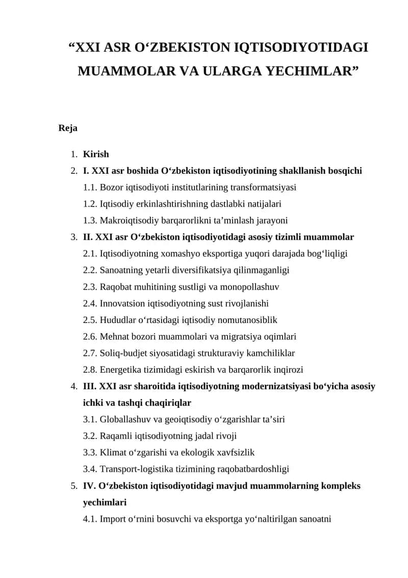XXI ASR O‘ZBEKISTON IQTISODIYOTIDAGI MUAMMOLAR VA ULARGA YECHIMLAR 1
