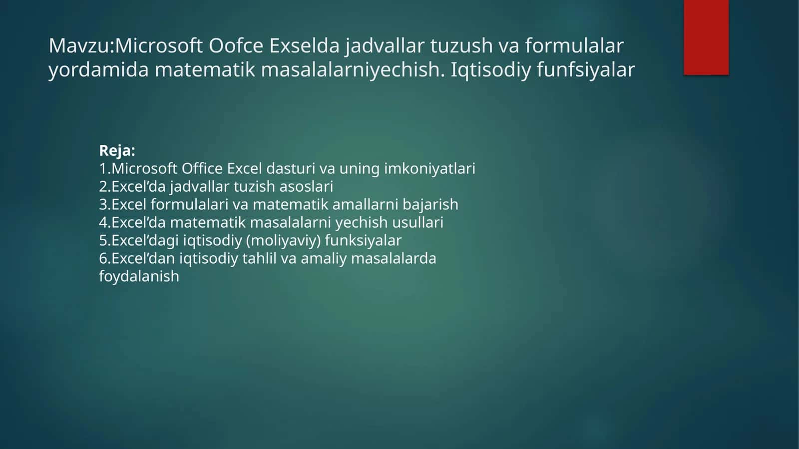 Microsoft Office Excel dasturi va uning imkoniyatlari 1